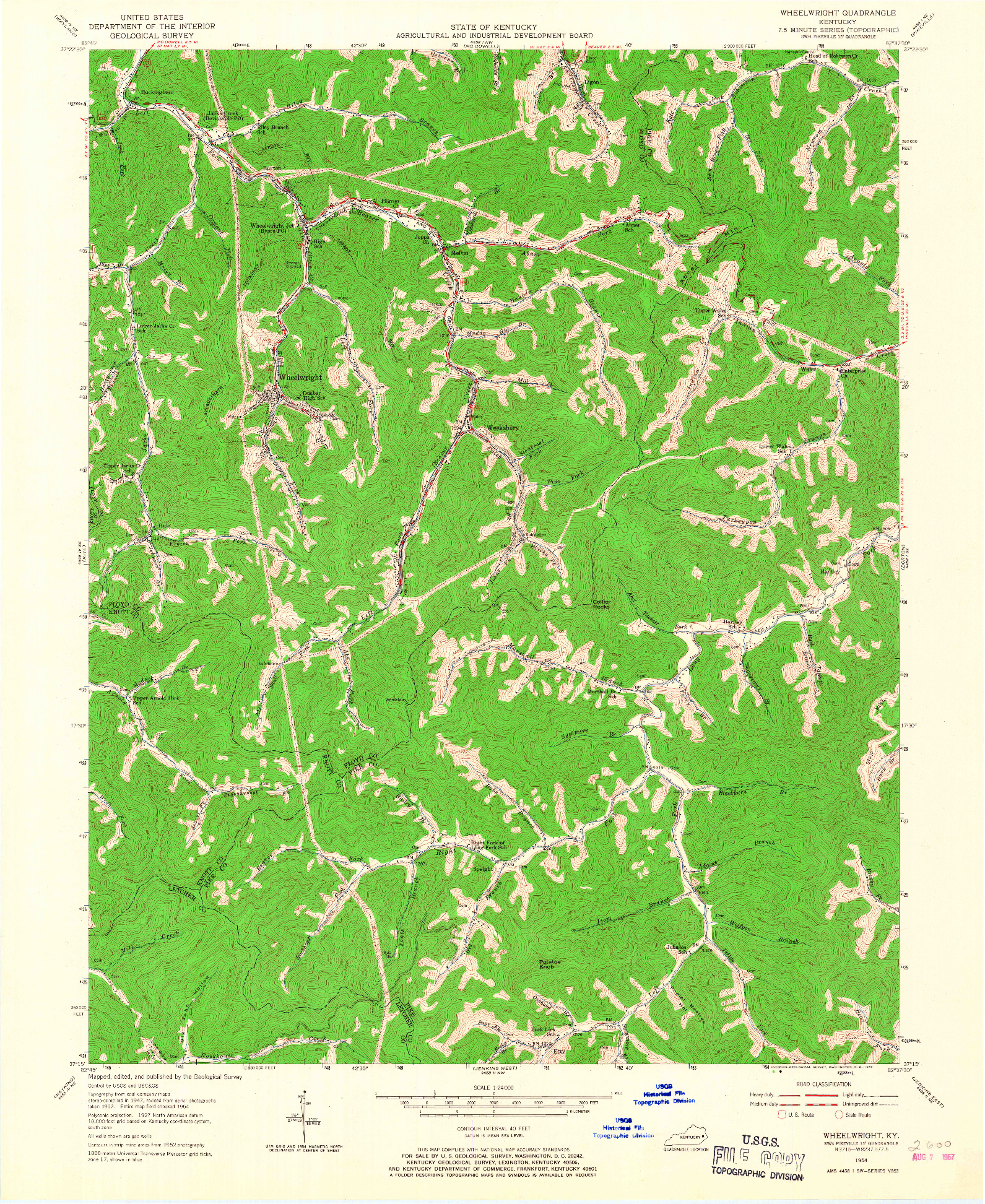 USGS 1:24000-SCALE QUADRANGLE FOR WHEELWRIGHT, KY 1954