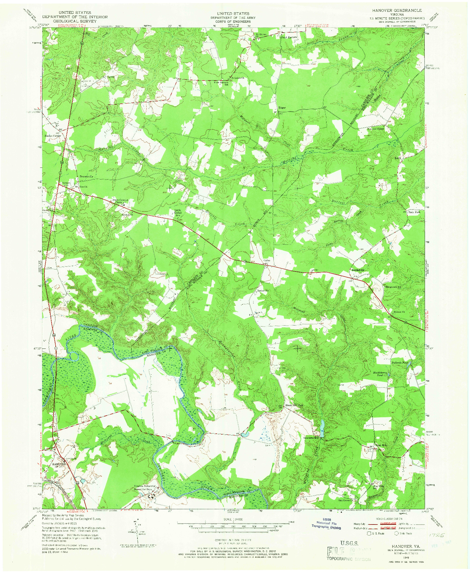 USGS 1:24000-SCALE QUADRANGLE FOR HANOVER, VA 1949