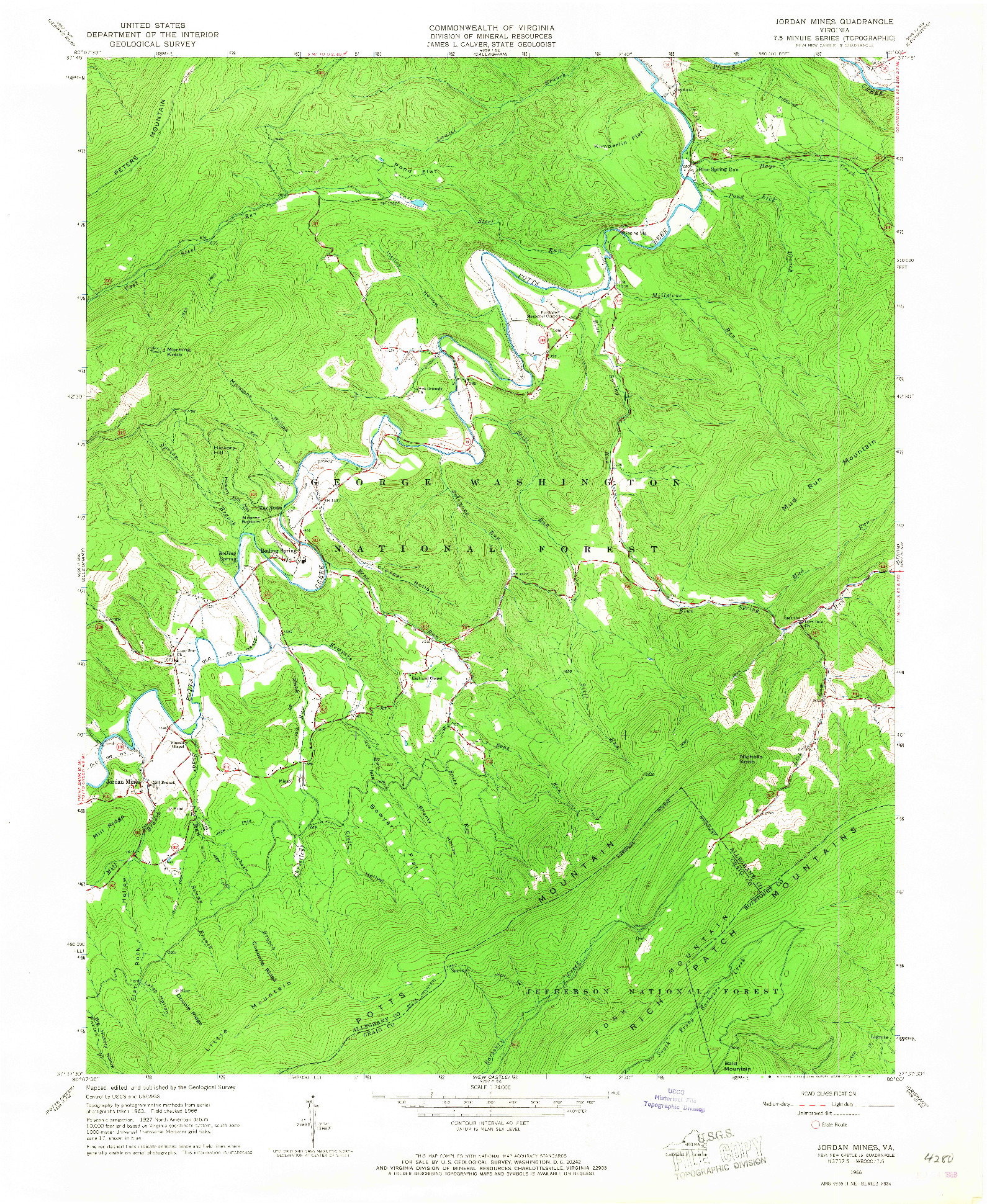 USGS 1:24000-SCALE QUADRANGLE FOR JORDAN MINES, VA 1966