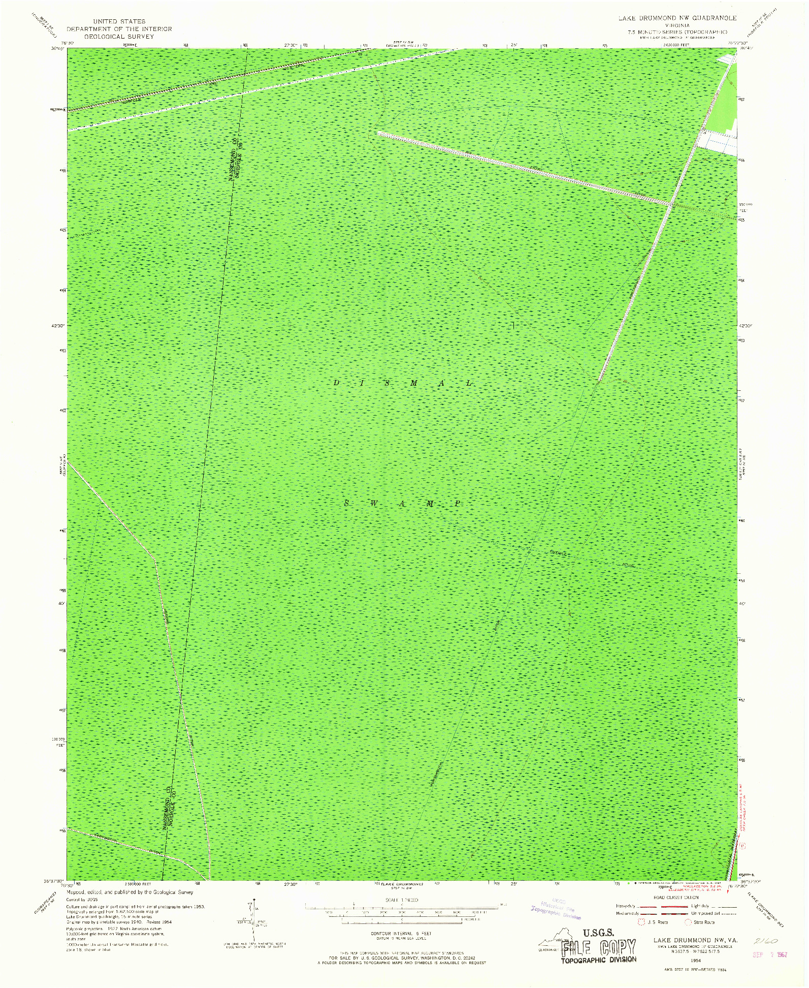 USGS 1:24000-SCALE QUADRANGLE FOR LAKE DRUMMOND NW, VA 1954