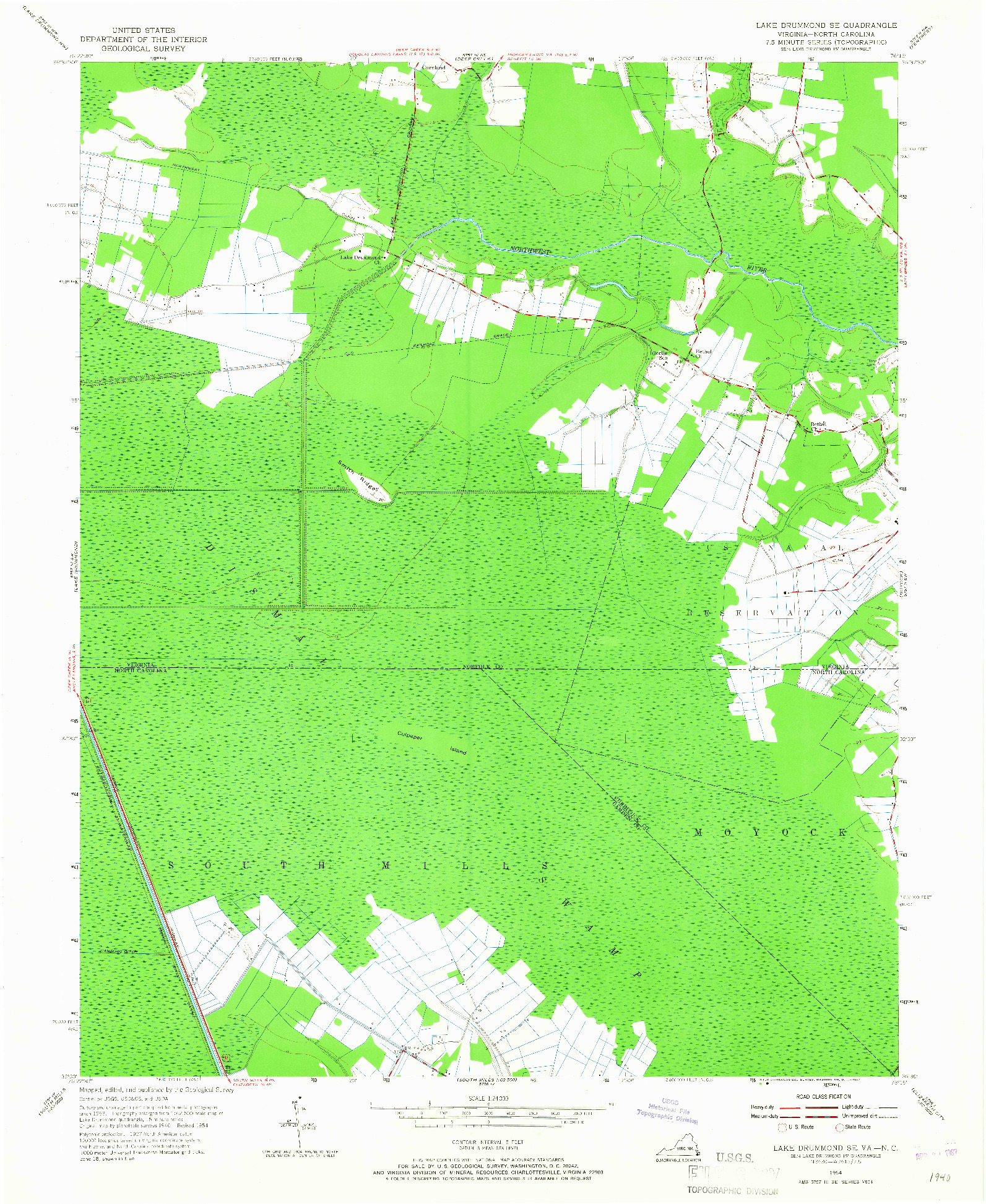 USGS 1:24000-SCALE QUADRANGLE FOR LAKE DRUMMOND SE, VA 1954