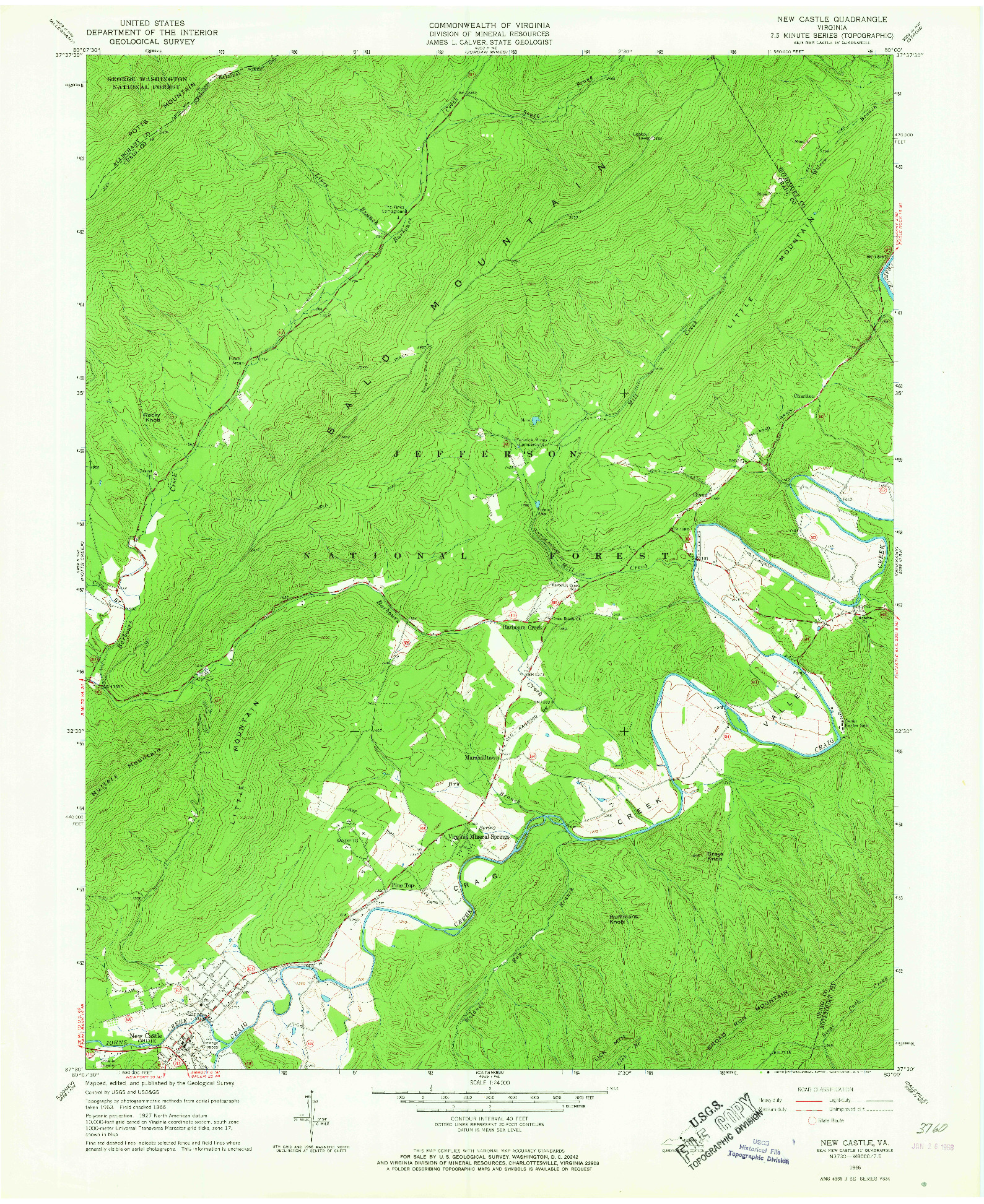 USGS 1:24000-SCALE QUADRANGLE FOR NEW CASTLE, VA 1966