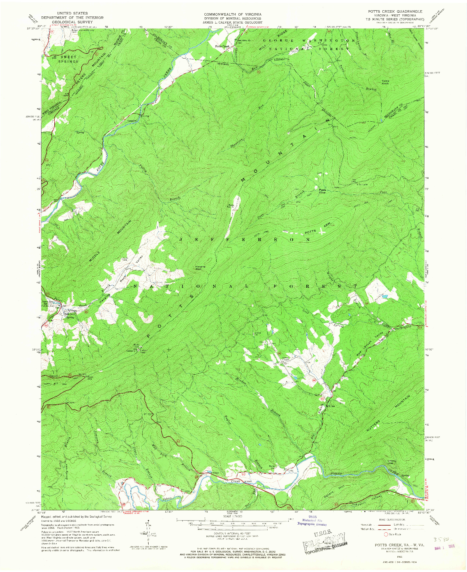 USGS 1:24000-SCALE QUADRANGLE FOR POTTS CREEK, VA 1966