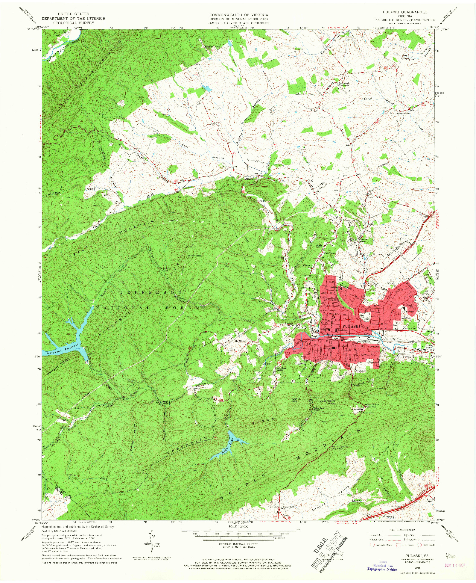 USGS 1:24000-SCALE QUADRANGLE FOR PULASKI, VA 1965