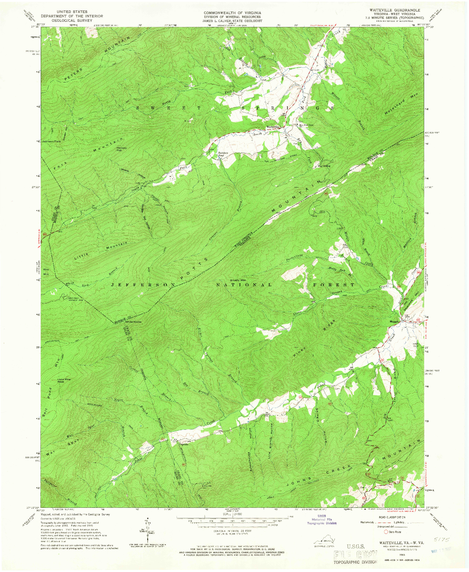 USGS 1:24000-SCALE QUADRANGLE FOR WAITEVILLE, VA 1965