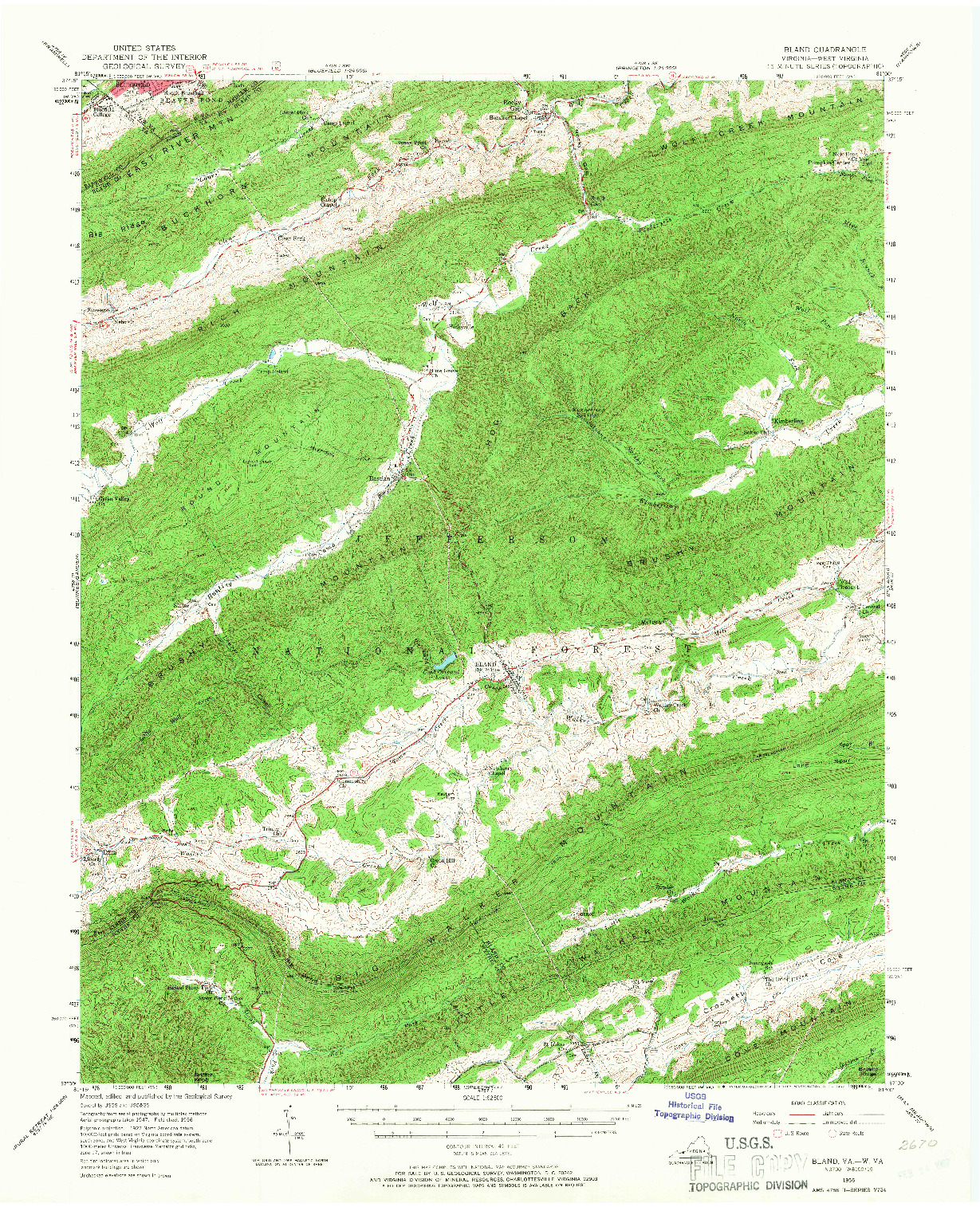 USGS 1:62500-SCALE QUADRANGLE FOR BLAND, VA 1956