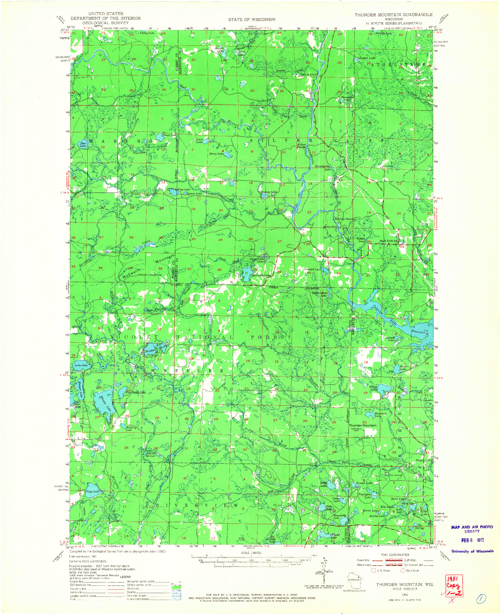 USGS 1:48000-SCALE QUADRANGLE FOR THUNDER MOUNTAIN, WI 1951