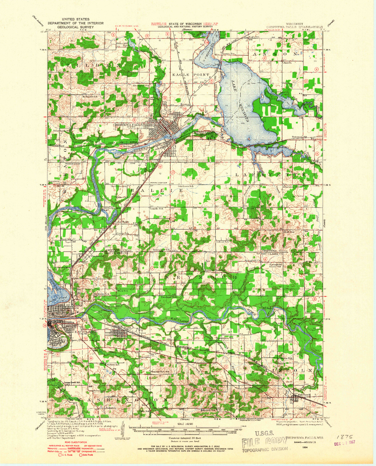 USGS 1:62500-SCALE QUADRANGLE FOR CHIPPEWA FALLS, WI 1934