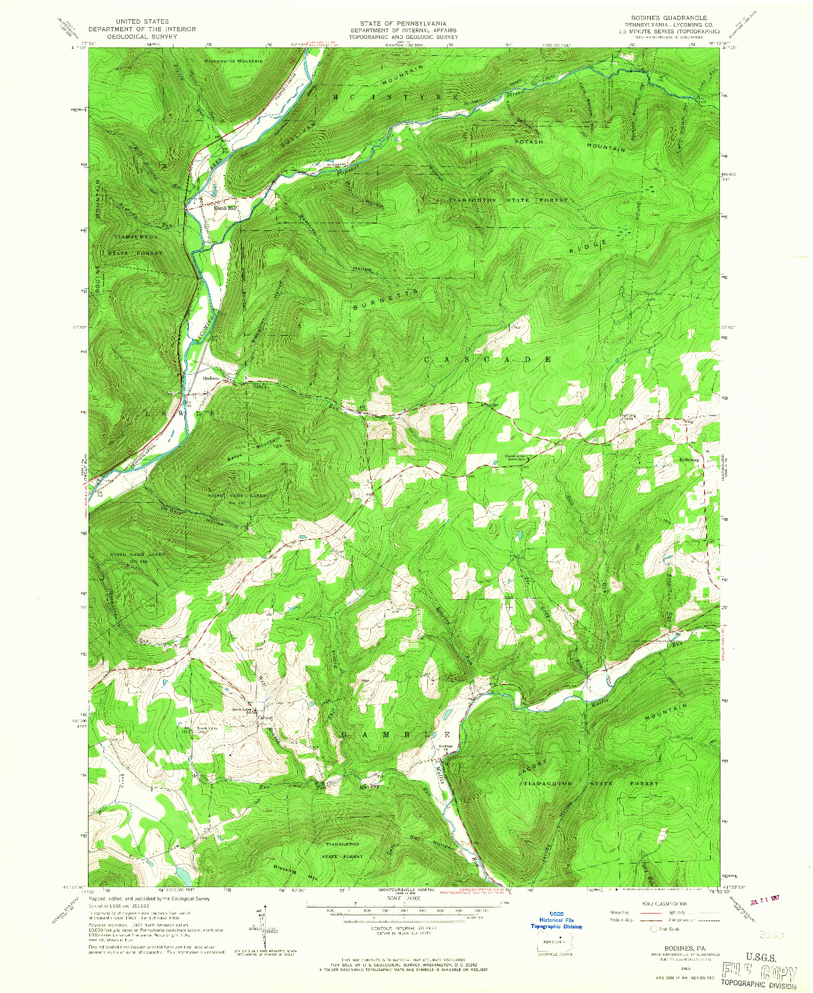 USGS 1:24000-SCALE QUADRANGLE FOR BODINES, PA 1965