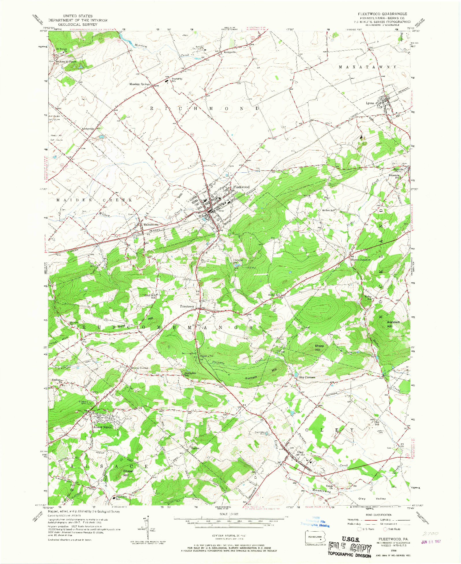 USGS 1:24000-SCALE QUADRANGLE FOR FLEETWOOD, PA 1956