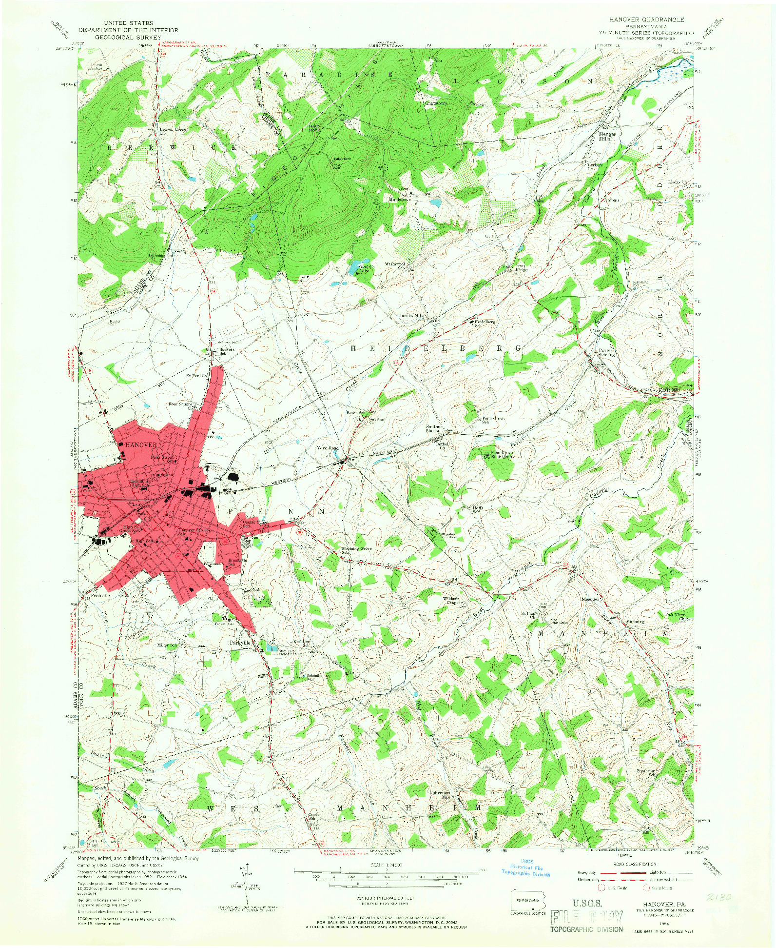 USGS 1:24000-SCALE QUADRANGLE FOR HANOVER, PA 1954