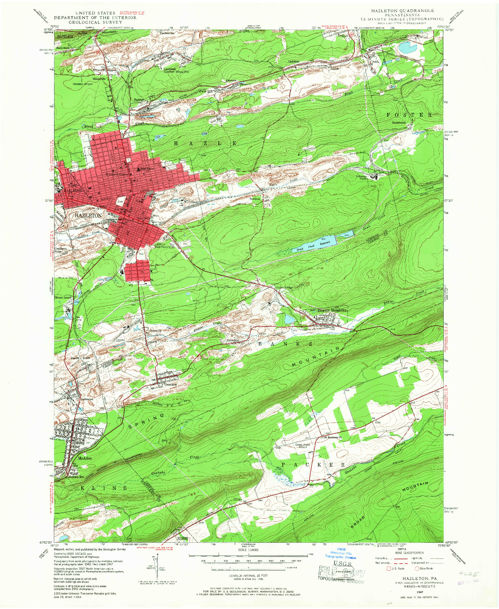 USGS 1:24000-SCALE QUADRANGLE FOR HAZLETON, PA 1947