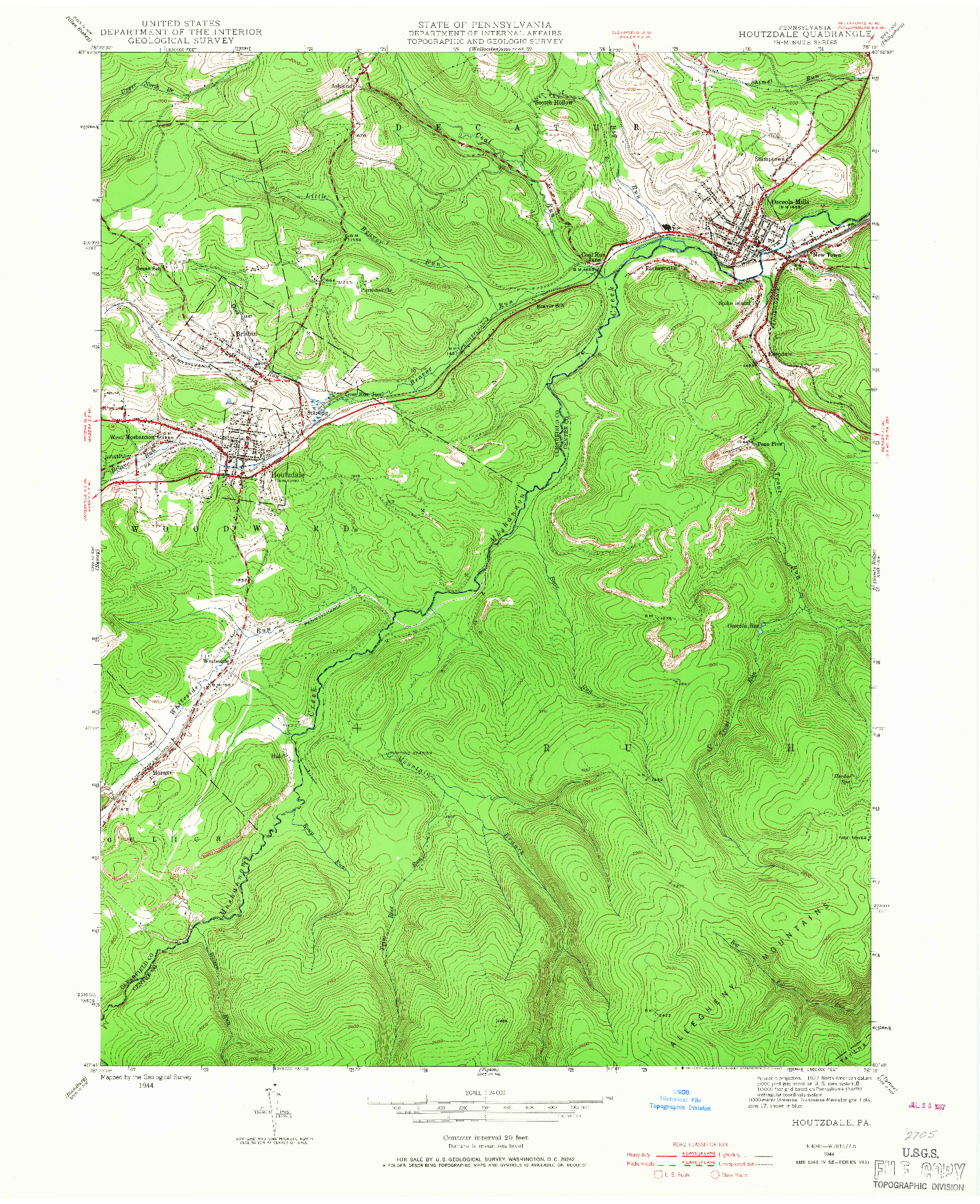 USGS 1:24000-SCALE QUADRANGLE FOR HOUTZDALE, PA 1944