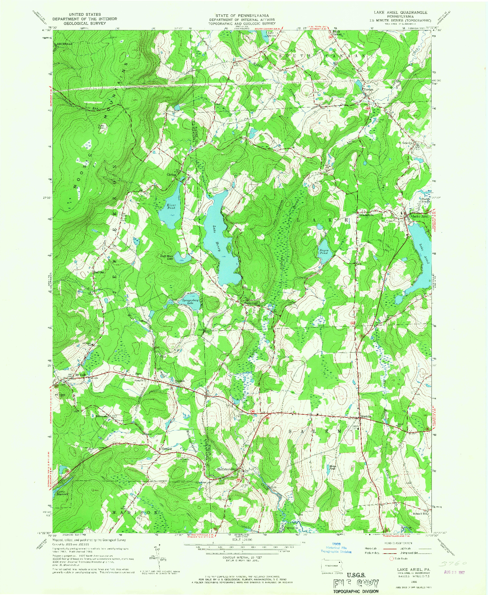 USGS 1:24000-SCALE QUADRANGLE FOR LAKE ARIEL, PA 1966