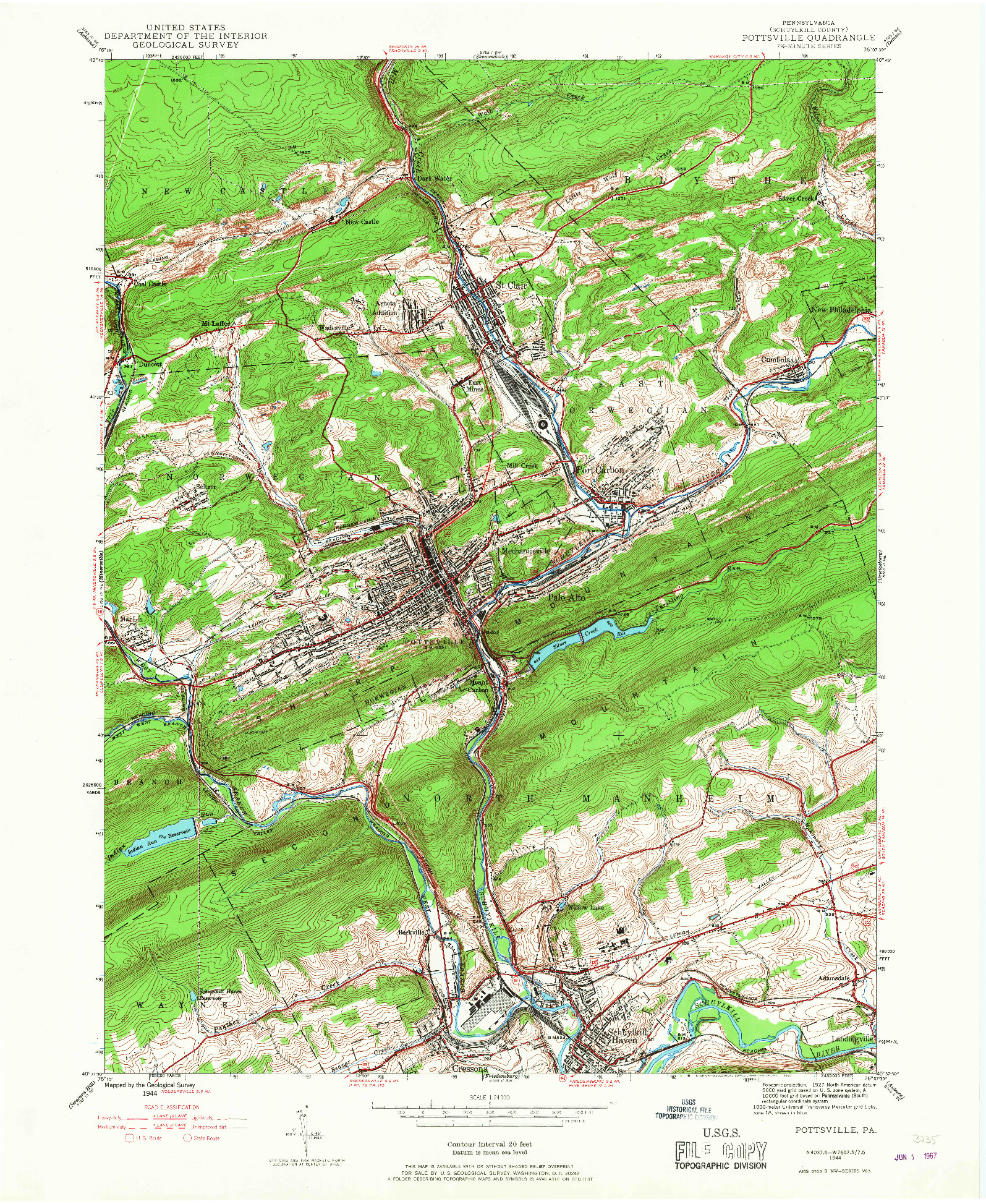 USGS 1:24000-SCALE QUADRANGLE FOR POTTSVILLE, PA 1944