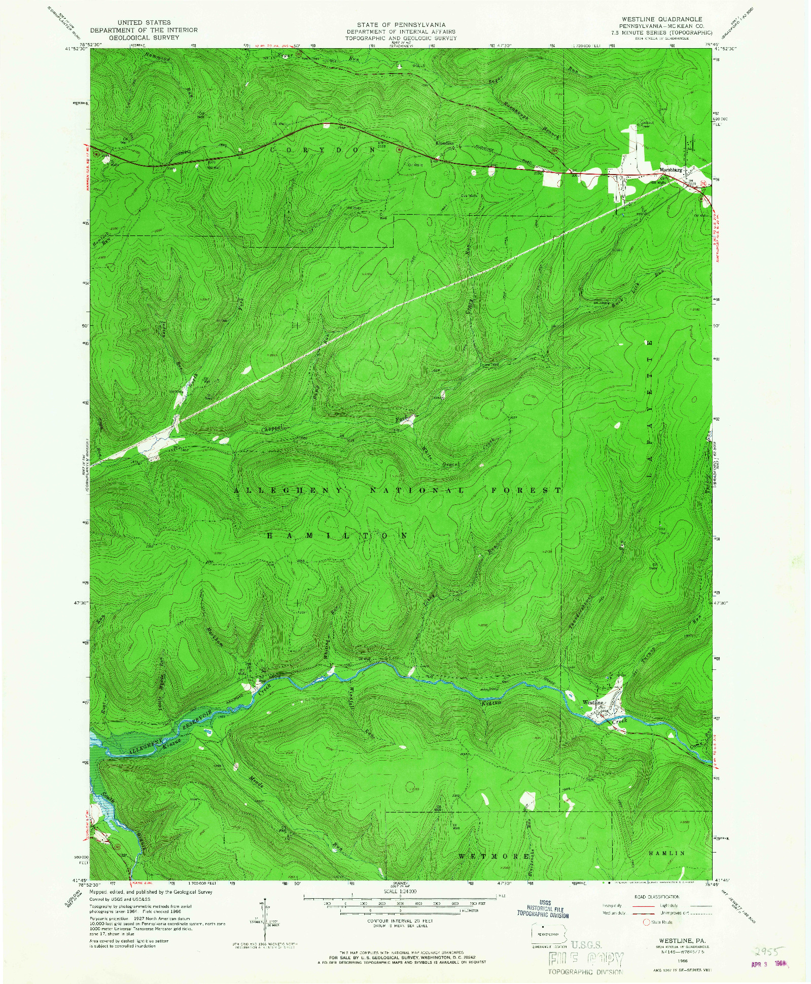 USGS 1:24000-SCALE QUADRANGLE FOR WESTLINE, PA 1966