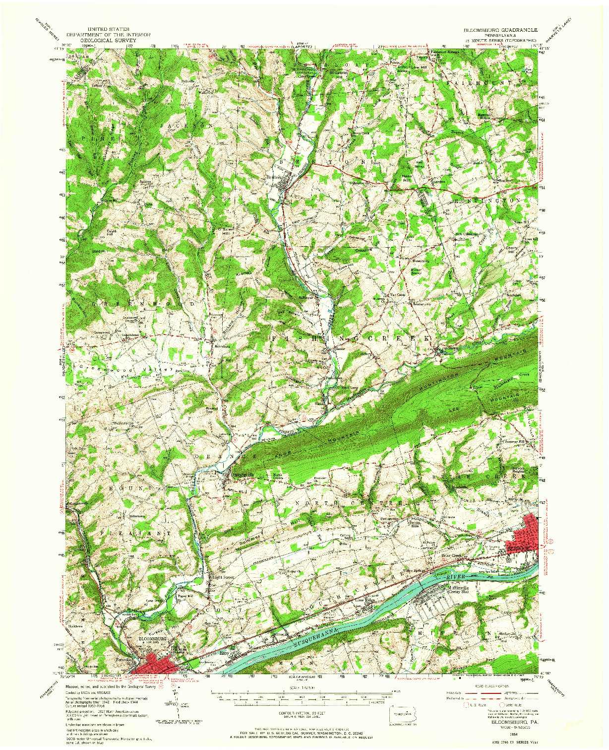 USGS 1:62500-SCALE QUADRANGLE FOR BLOOMSBURG, PA 1954