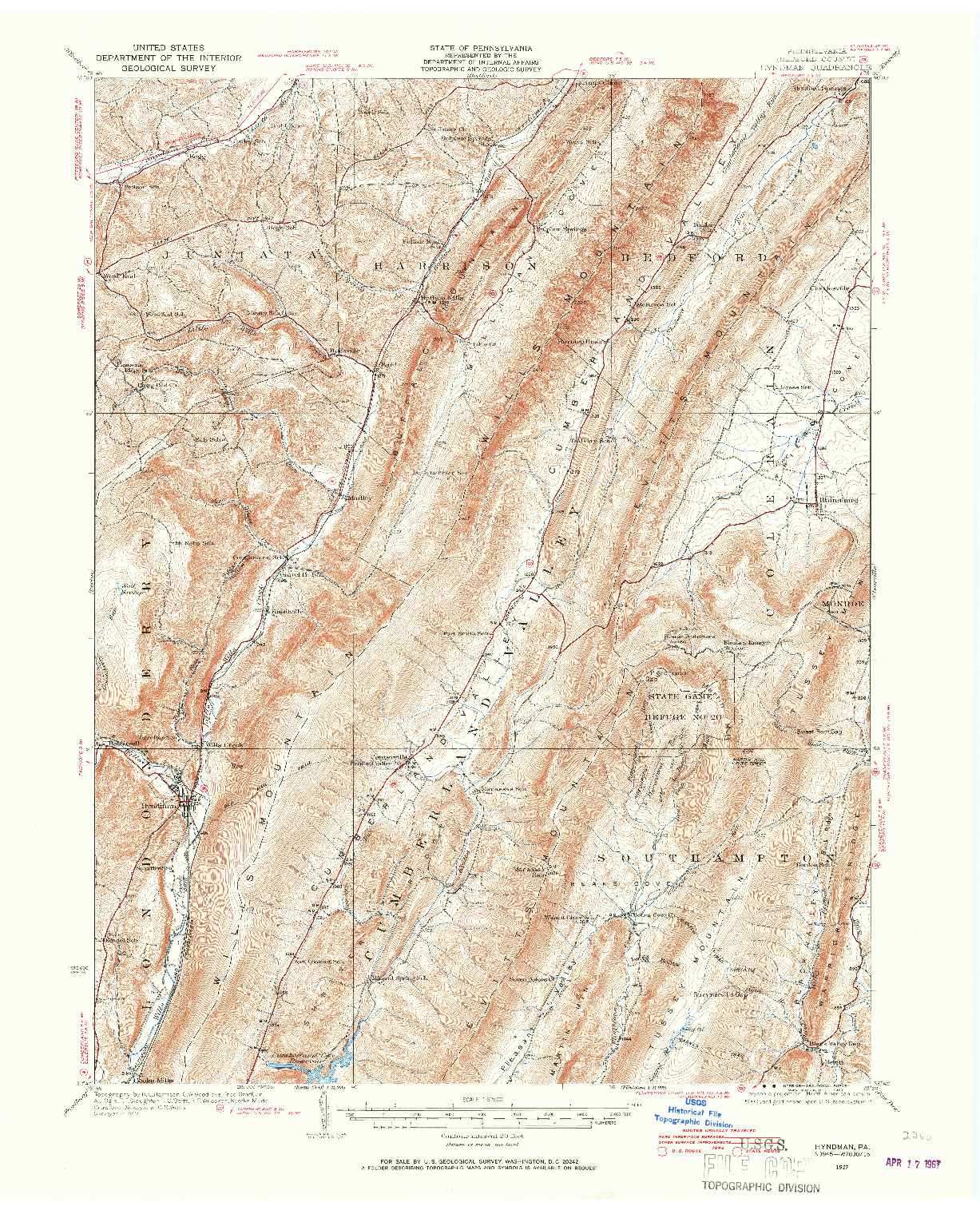 USGS 1:62500-SCALE QUADRANGLE FOR HYNDMAN, PA 1927