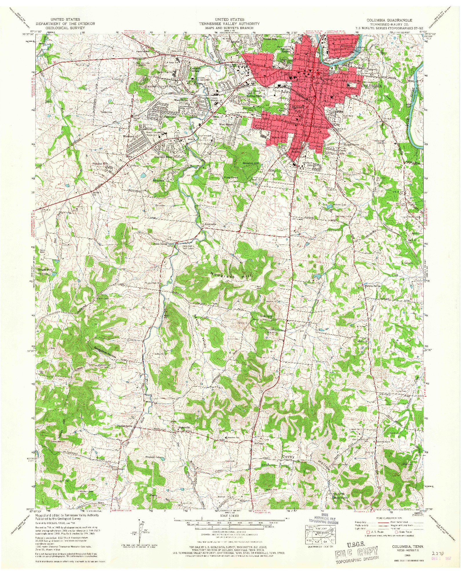 USGS 1:24000-SCALE QUADRANGLE FOR COLUMBIA, TN 1965
