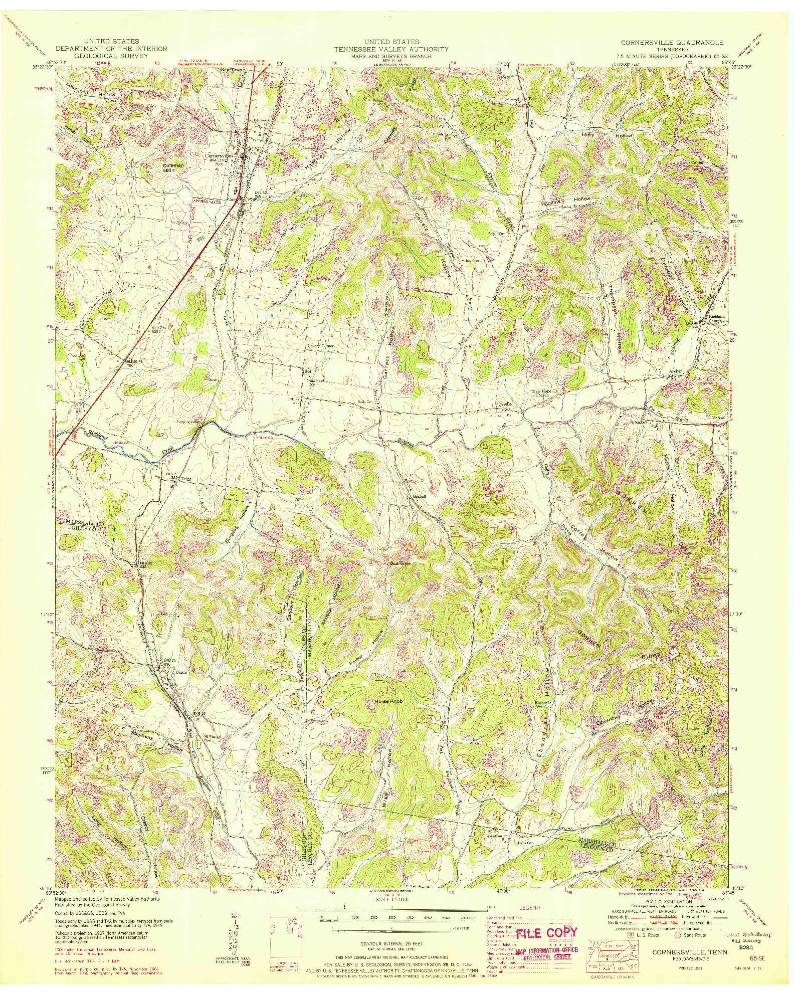 USGS 1:24000-SCALE QUADRANGLE FOR CORNERSVILLE, TN 1951