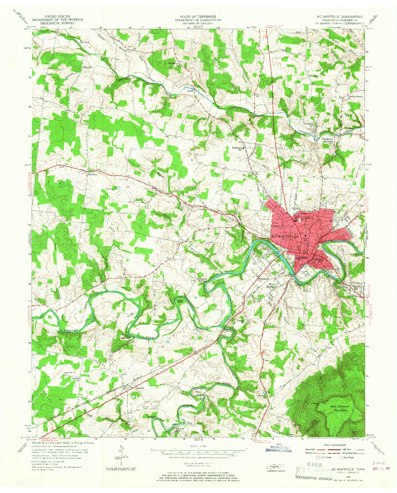 USGS 1:24000-SCALE QUADRANGLE FOR MC MINNVILLE, TN 1953