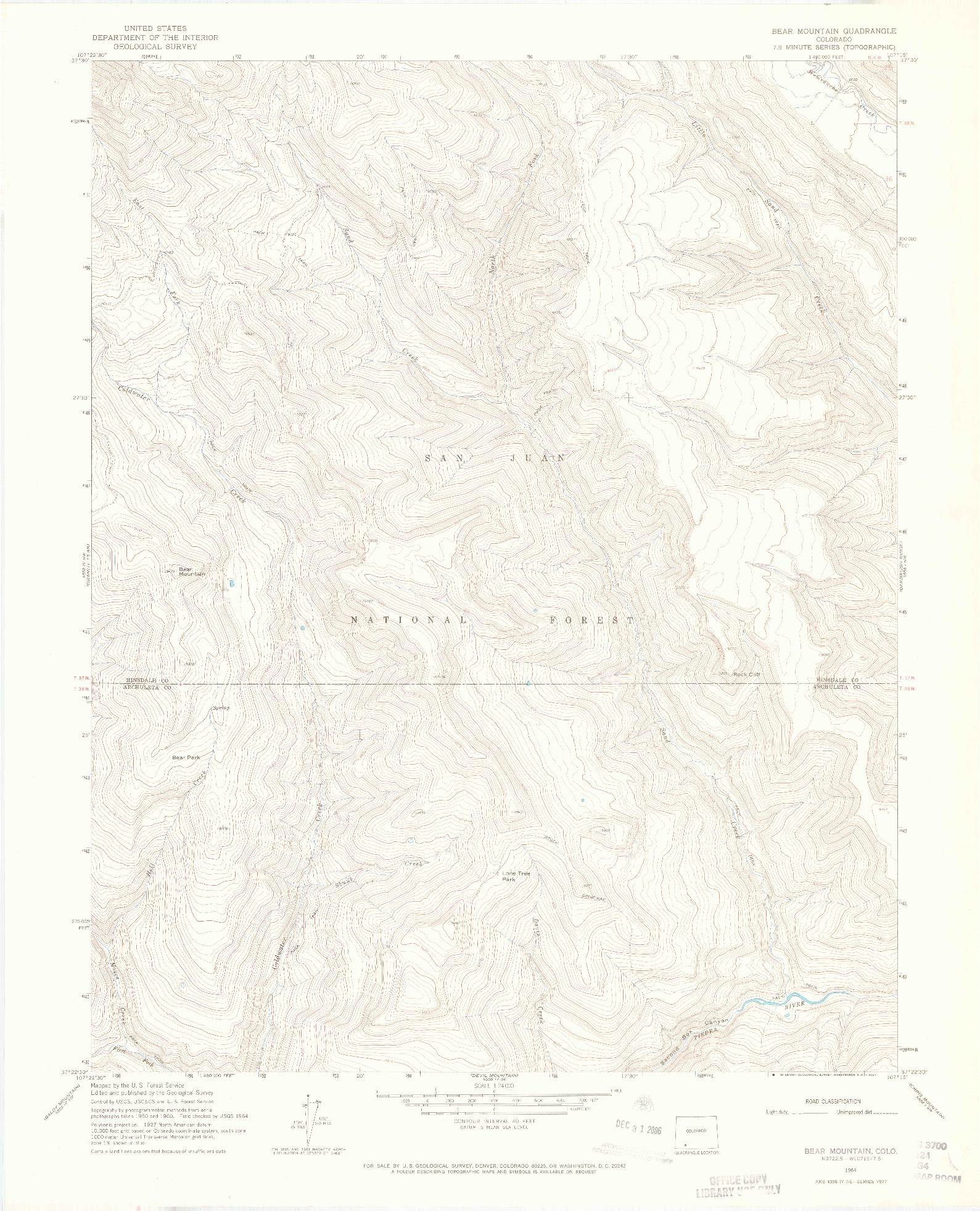 USGS 1:24000-SCALE QUADRANGLE FOR BEAR MOUNTAIN, CO 1964