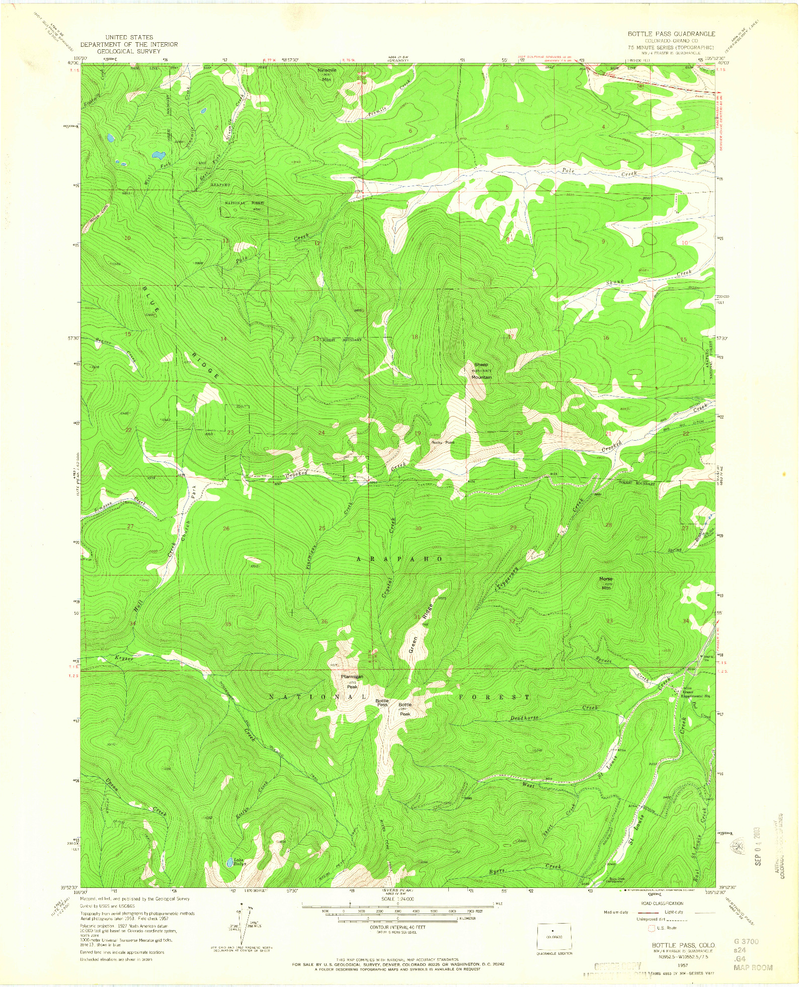 USGS 1:24000-SCALE QUADRANGLE FOR BOTTLE PASS, CO 1957