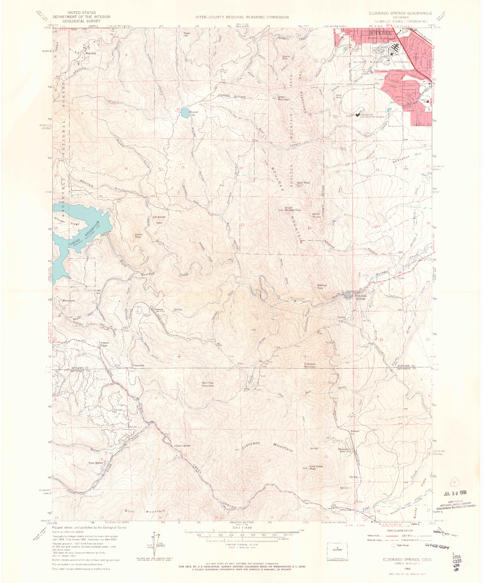 USGS 1:24000-SCALE QUADRANGLE FOR ELDORADO SPRINGS, CO 1965