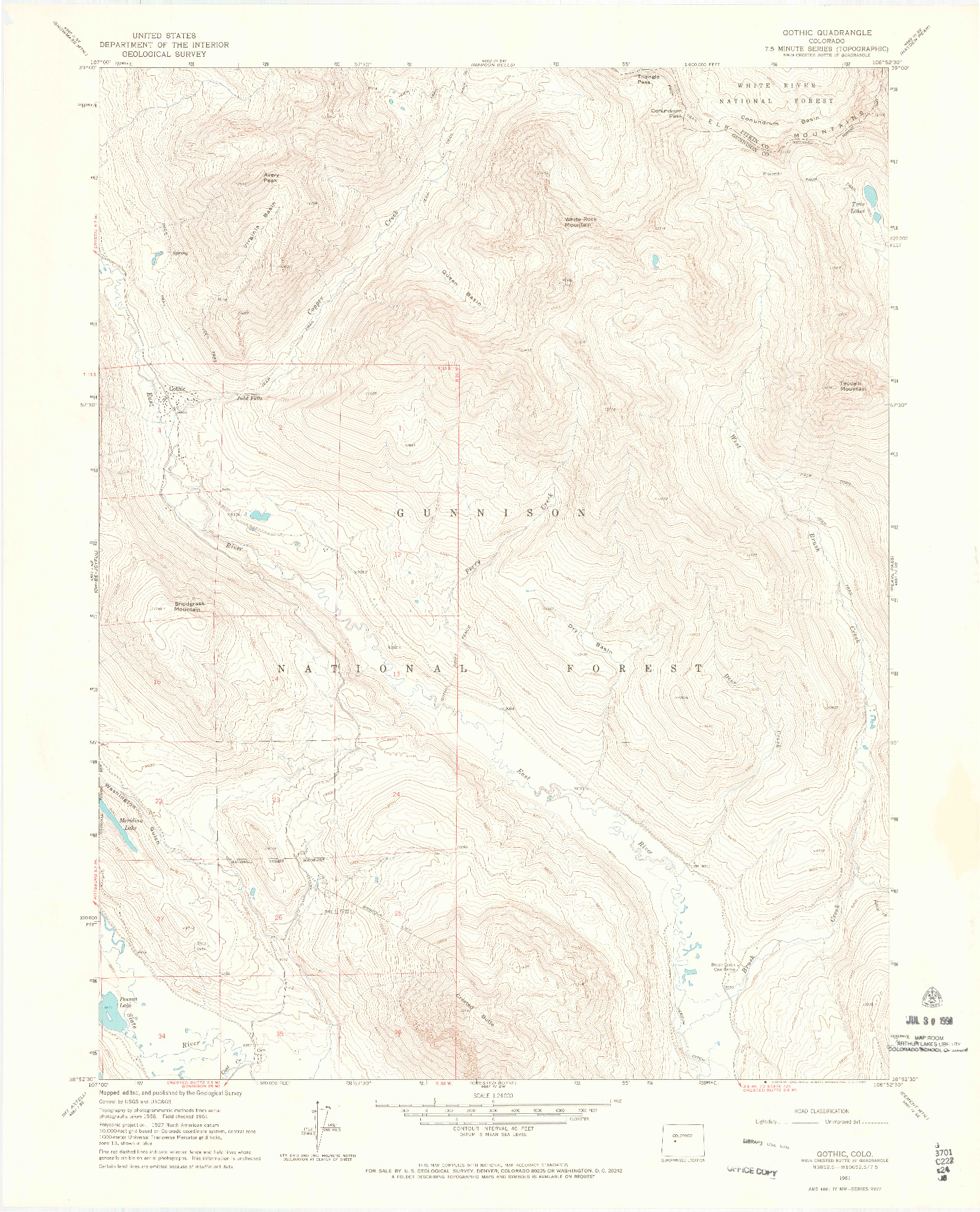 USGS 1:24000-SCALE QUADRANGLE FOR GOTHIC, CO 1961