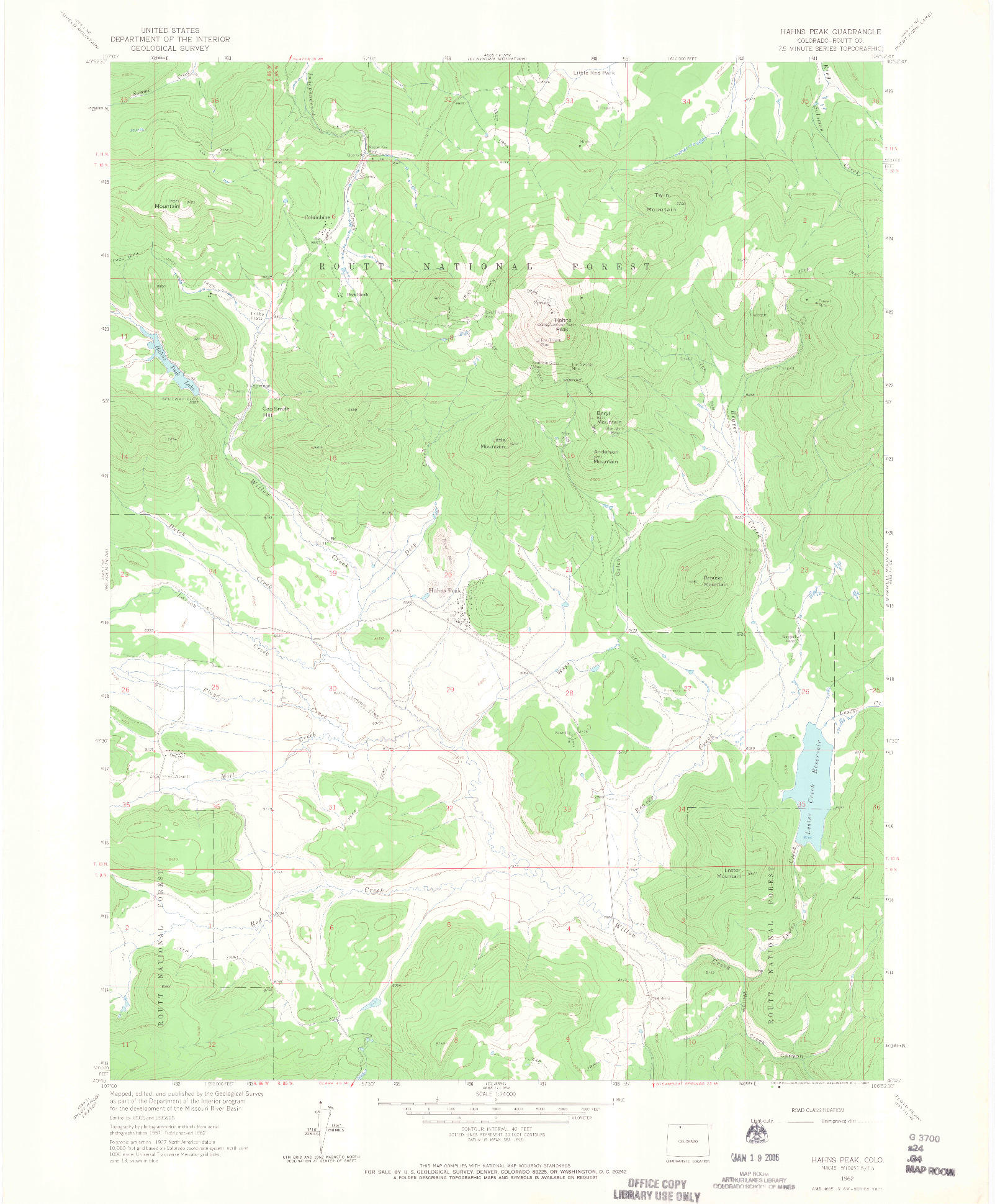 USGS 1:24000-SCALE QUADRANGLE FOR HAHNS PEAK, CO 1962