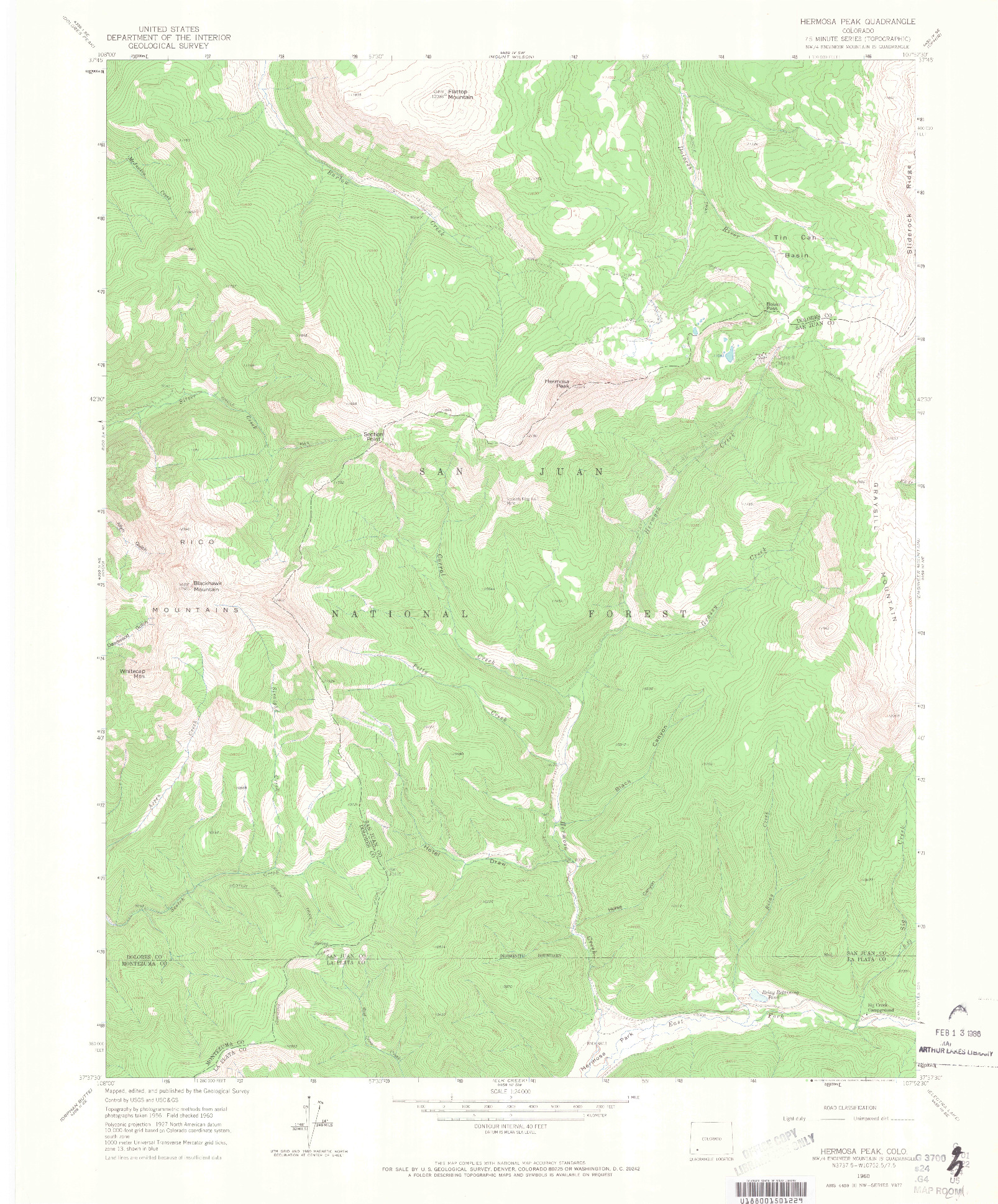 USGS 1:24000-SCALE QUADRANGLE FOR HERMOSA PEAK, CO 1960