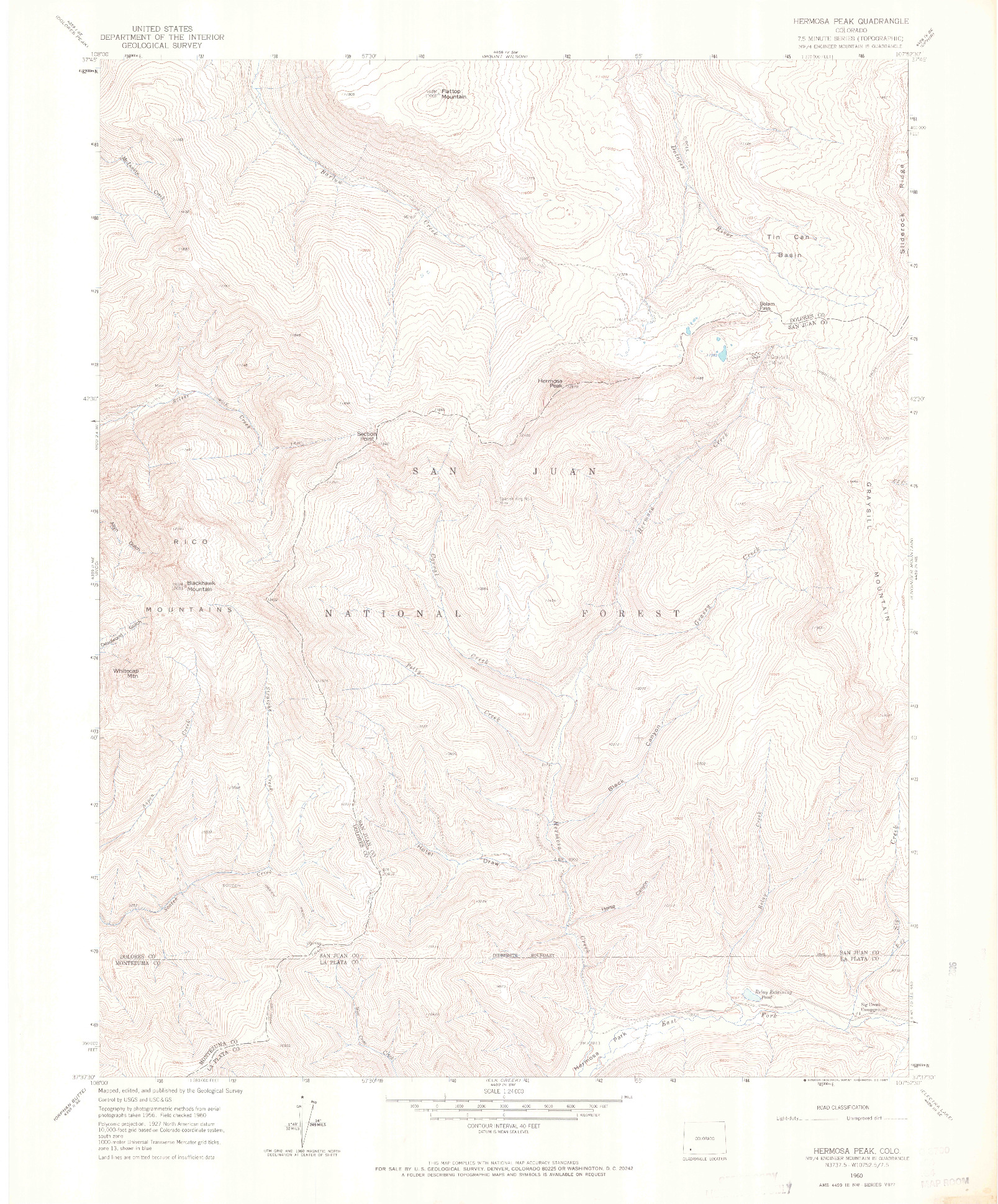 USGS 1:24000-SCALE QUADRANGLE FOR HERMOSA PEAK, CO 1960