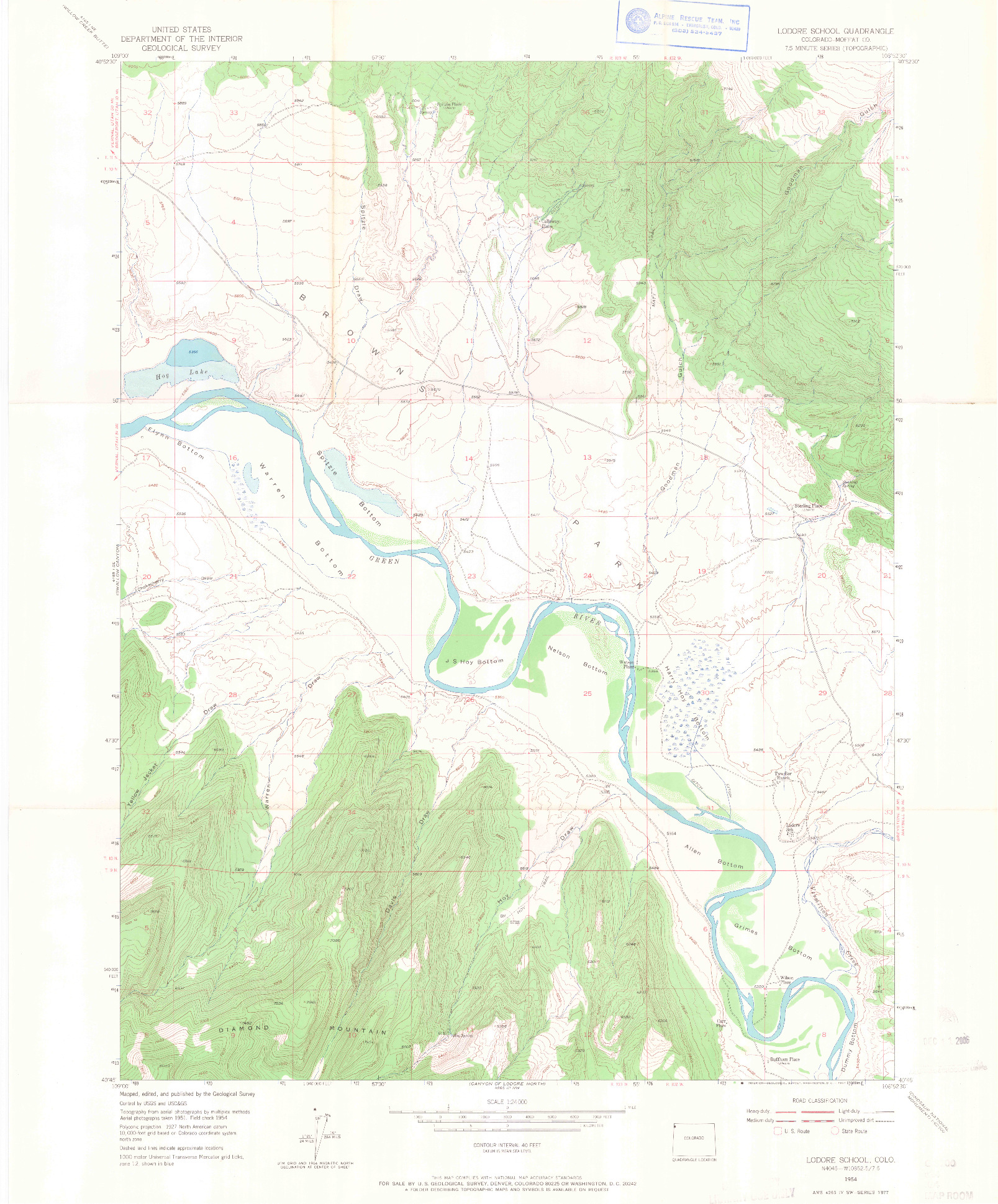 USGS 1:24000-SCALE QUADRANGLE FOR LODORE SCHOOL, CO 1954