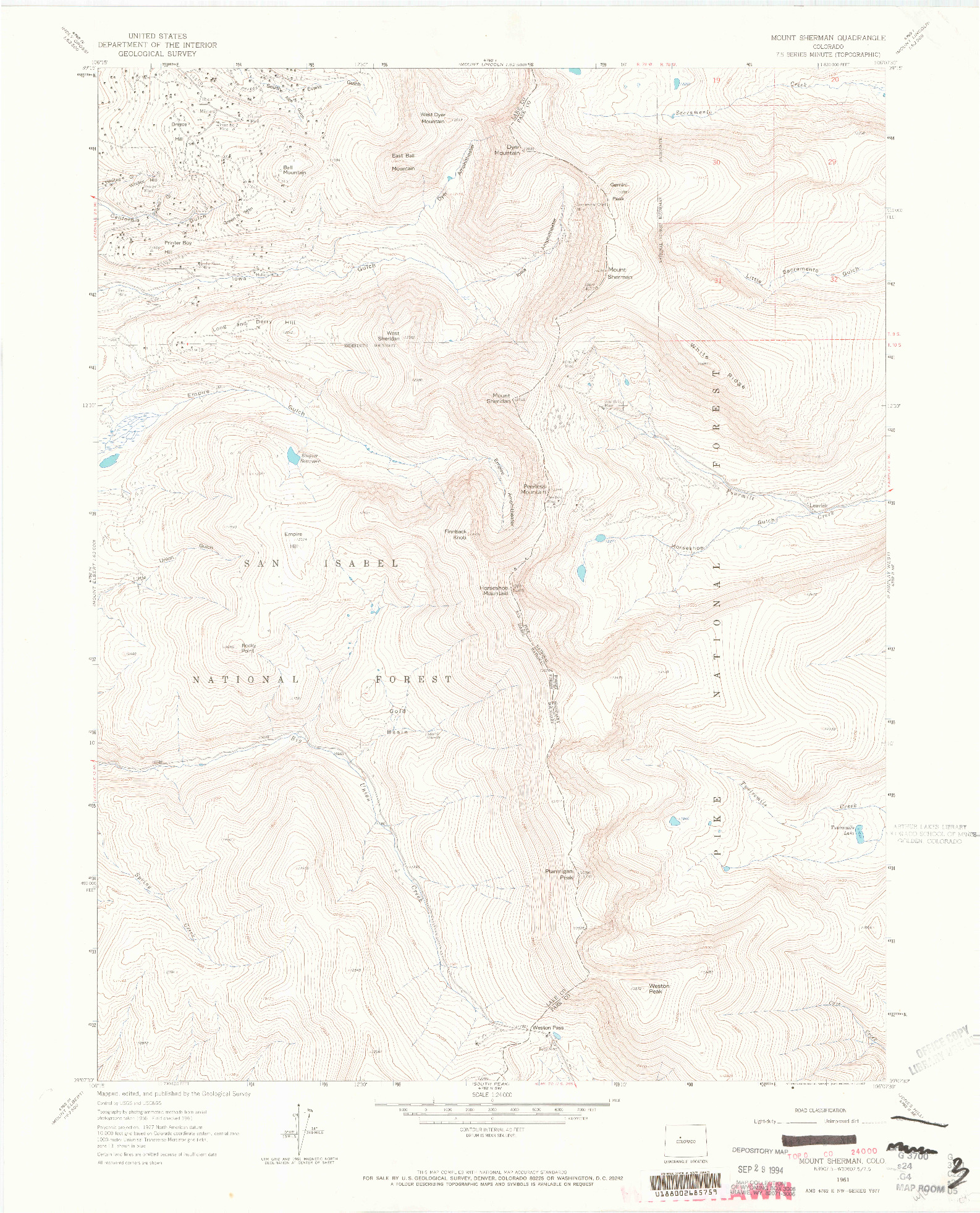 USGS 1:24000-SCALE QUADRANGLE FOR MOUNT SHERMAN, CO 1961