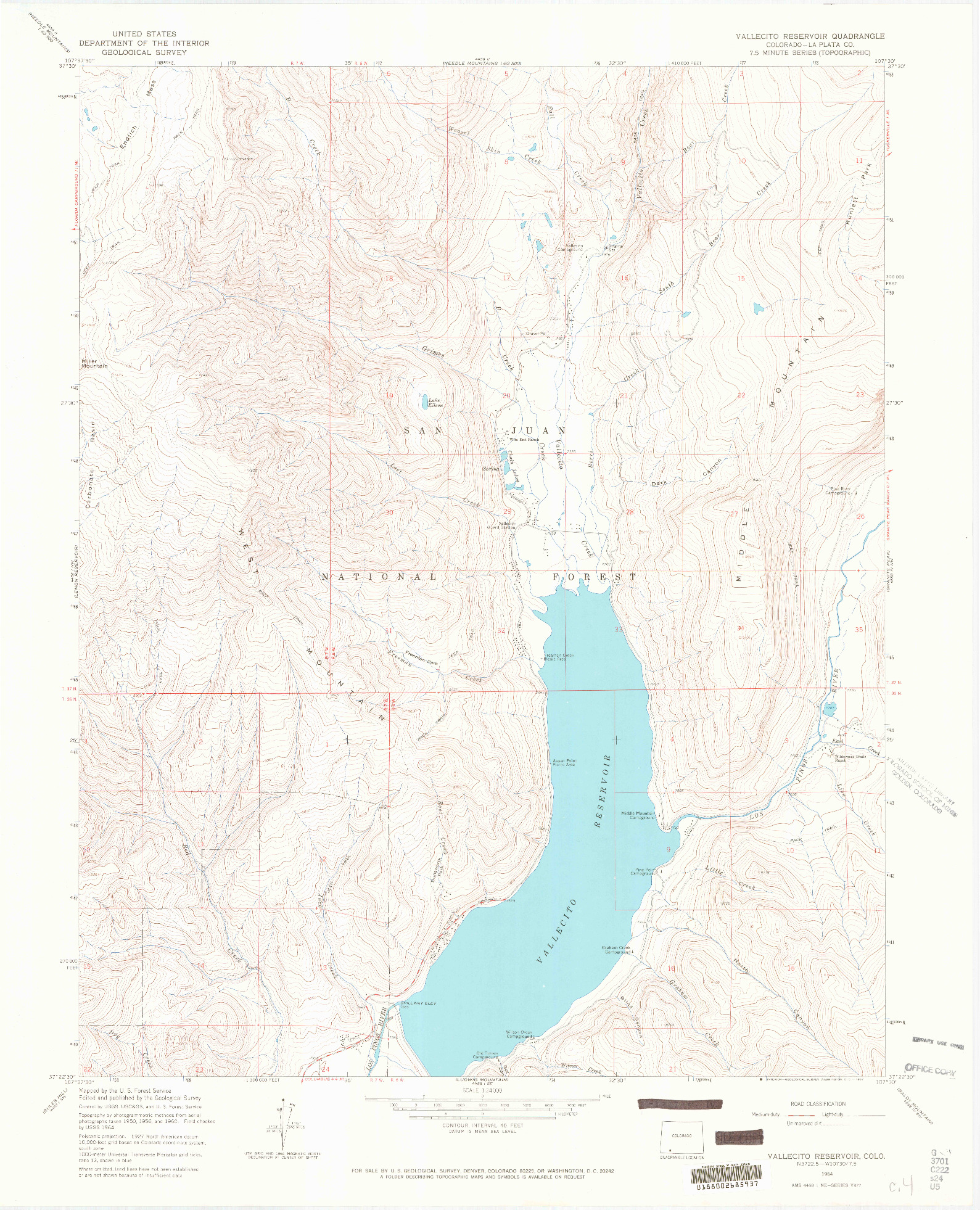 USGS 1:24000-SCALE QUADRANGLE FOR VALLECITO RESERVOIR, CO 1964