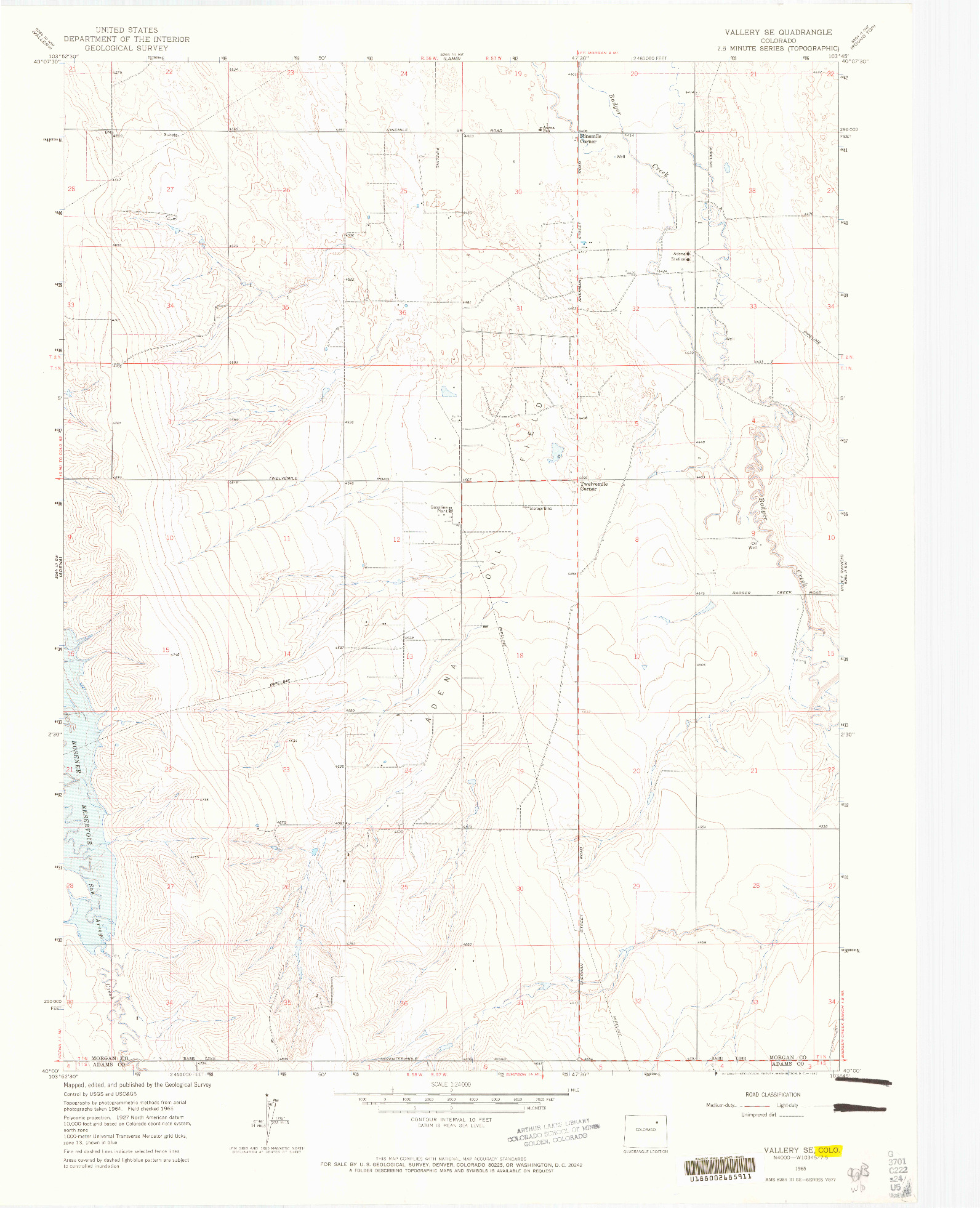 USGS 1:24000-SCALE QUADRANGLE FOR VALLERY SE, CO 1965