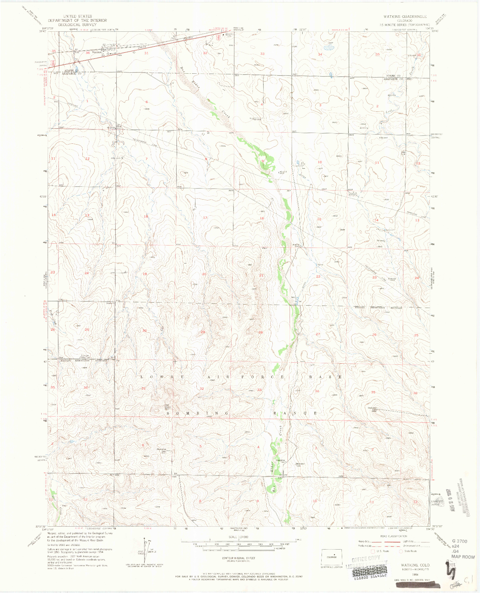 USGS 1:24000-SCALE QUADRANGLE FOR WATKINS, CO 1954