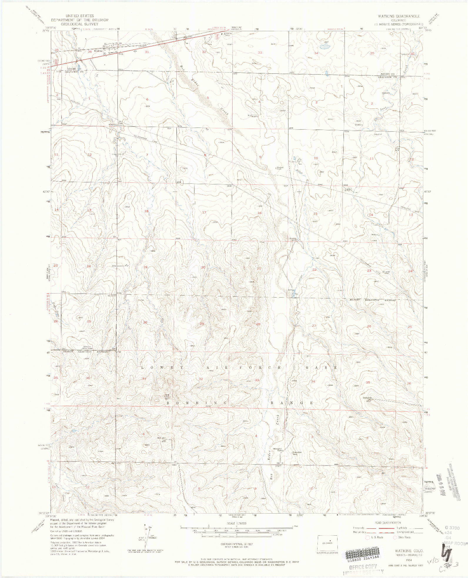 USGS 1:24000-SCALE QUADRANGLE FOR WATKINS, CO 1954