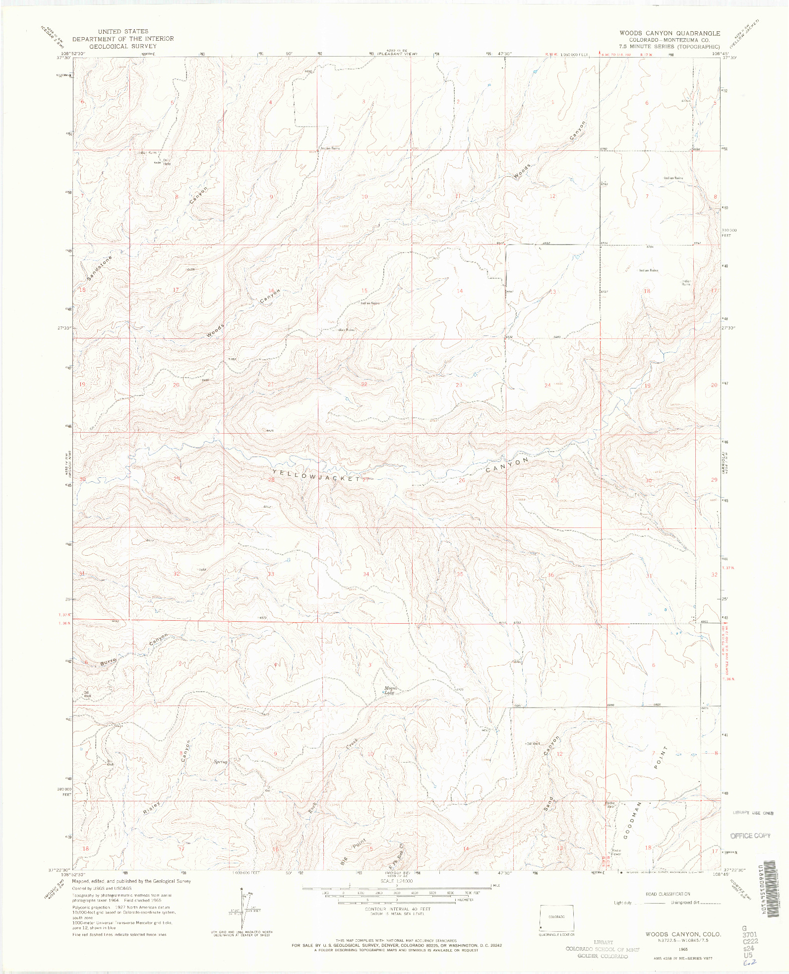 USGS 1:24000-SCALE QUADRANGLE FOR WOODS CANYON, CO 1965