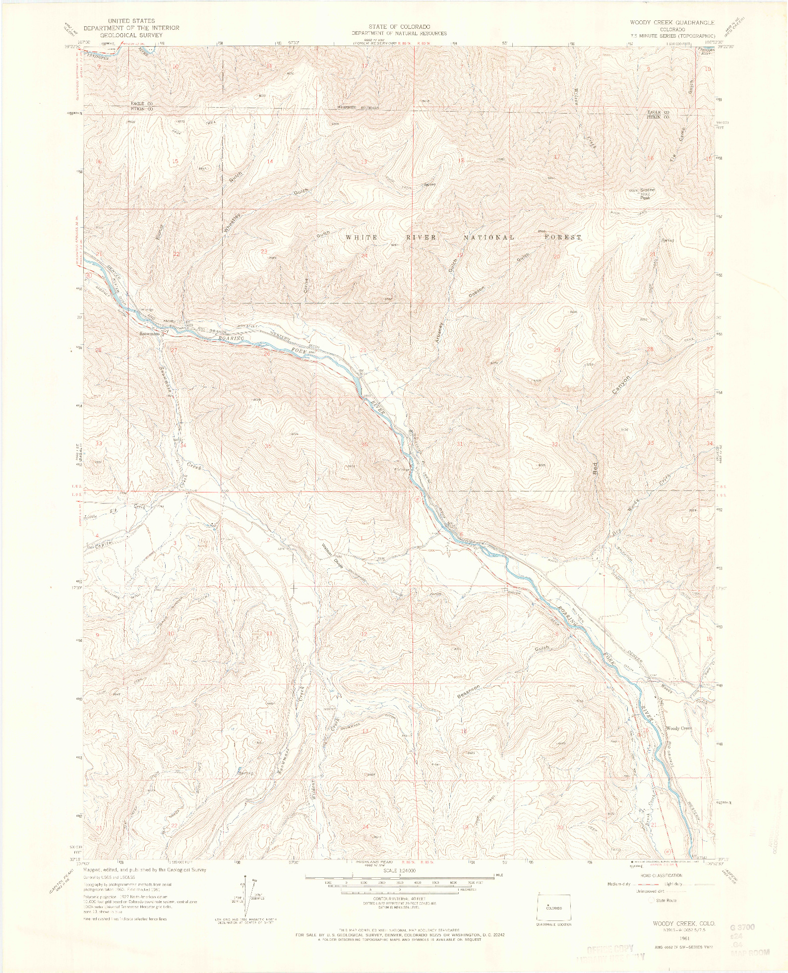 USGS 1:24000-SCALE QUADRANGLE FOR WOODY CREEK, CO 1961