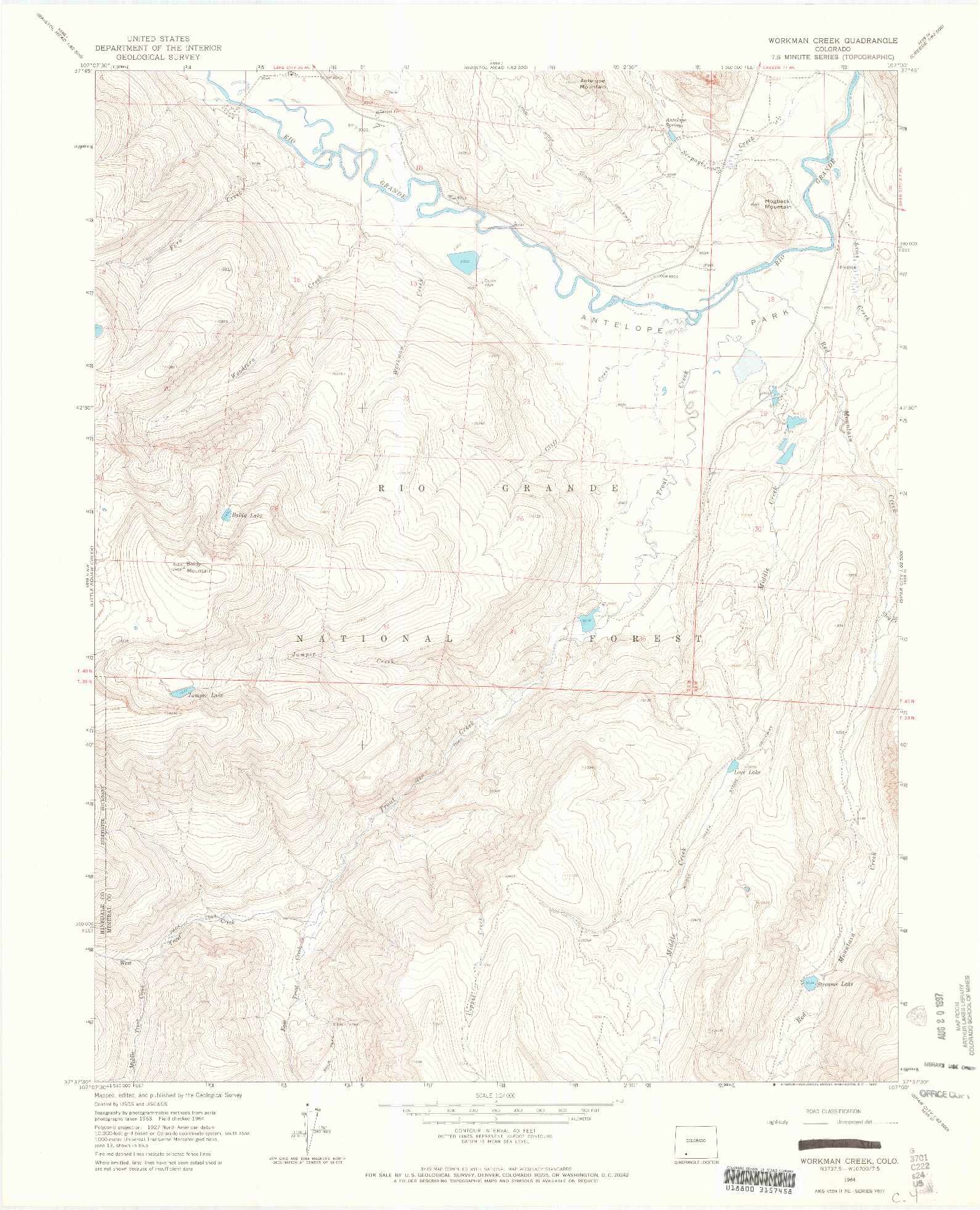 USGS 1:24000-SCALE QUADRANGLE FOR WORKMAN CREEK, CO 1964