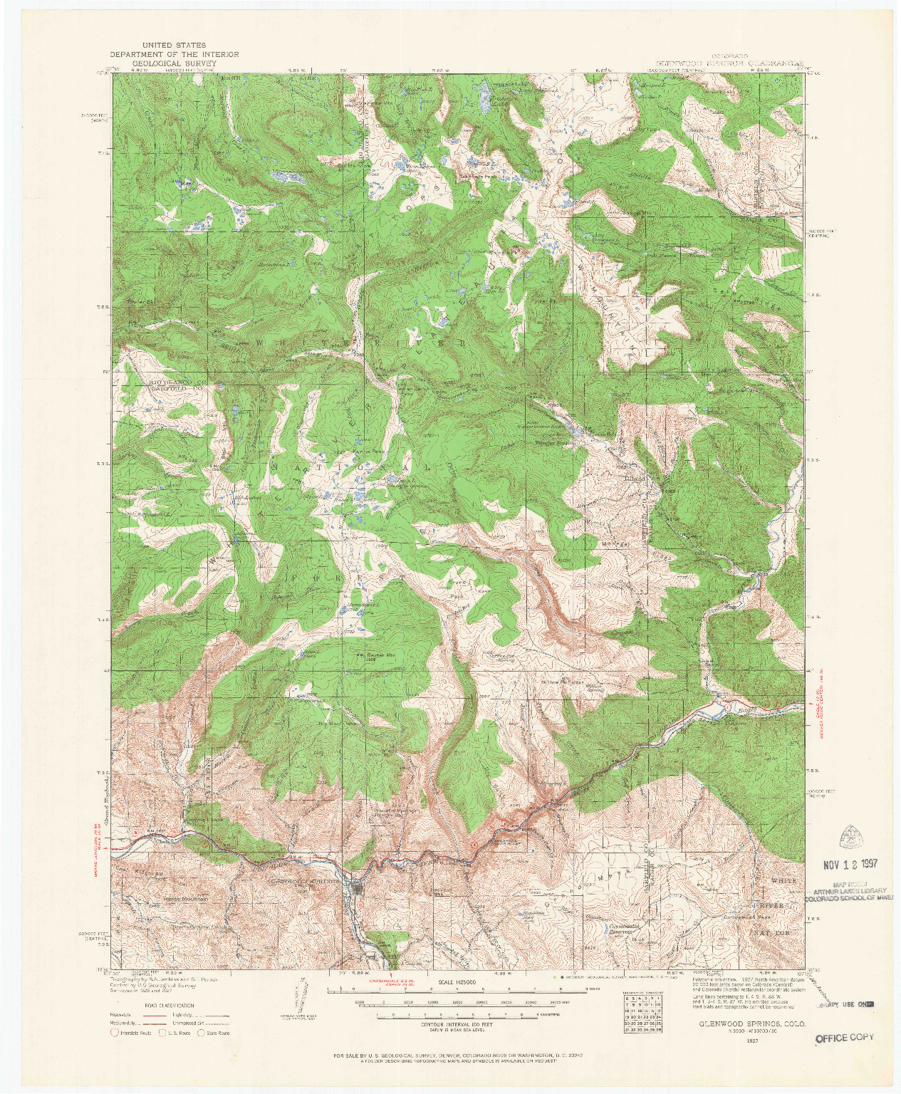 USGS 1:125000-SCALE QUADRANGLE FOR GLENWOOD SPRINGS, CO 1927