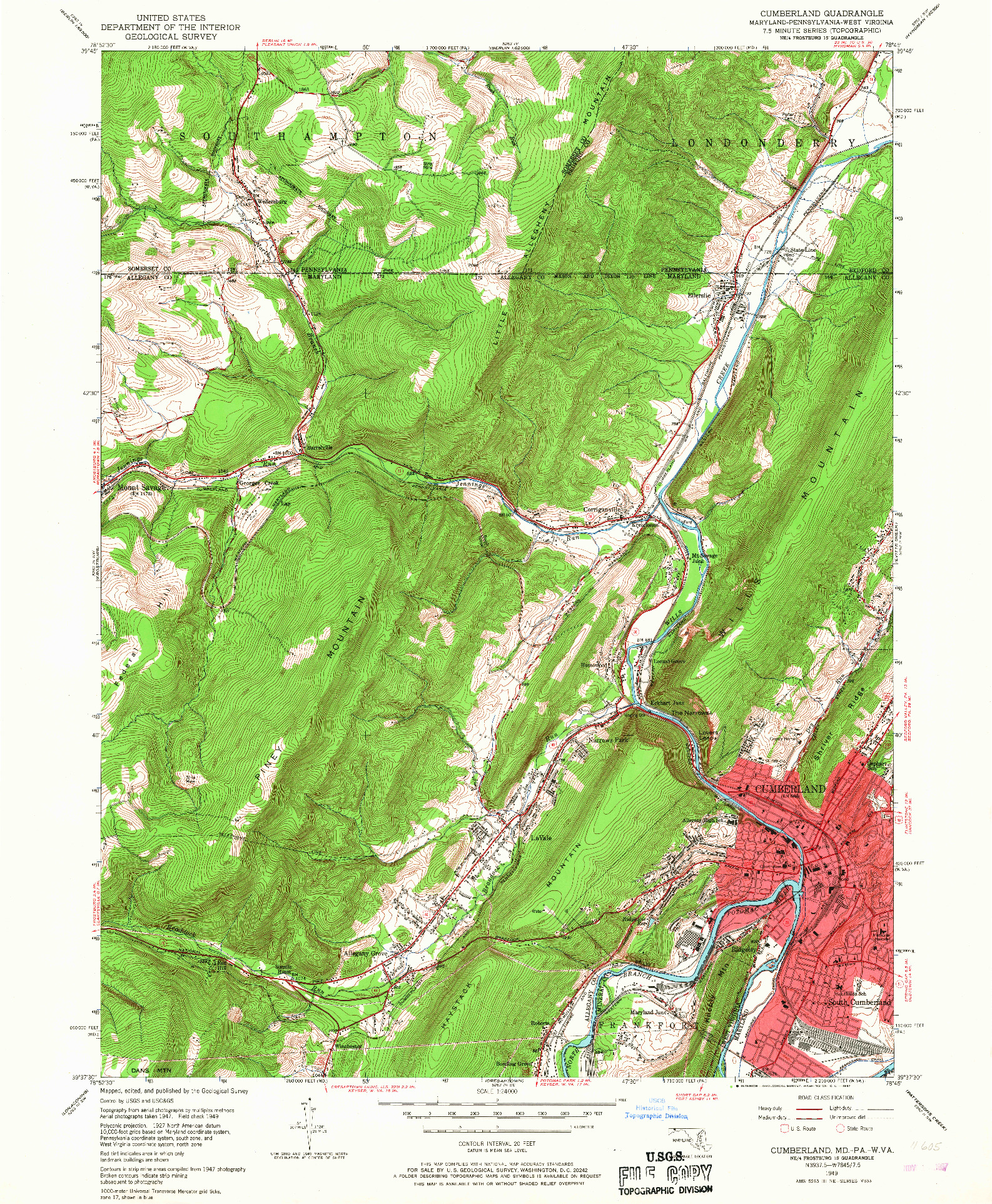 USGS 1:24000-SCALE QUADRANGLE FOR CUMBERLAND, MD 1949