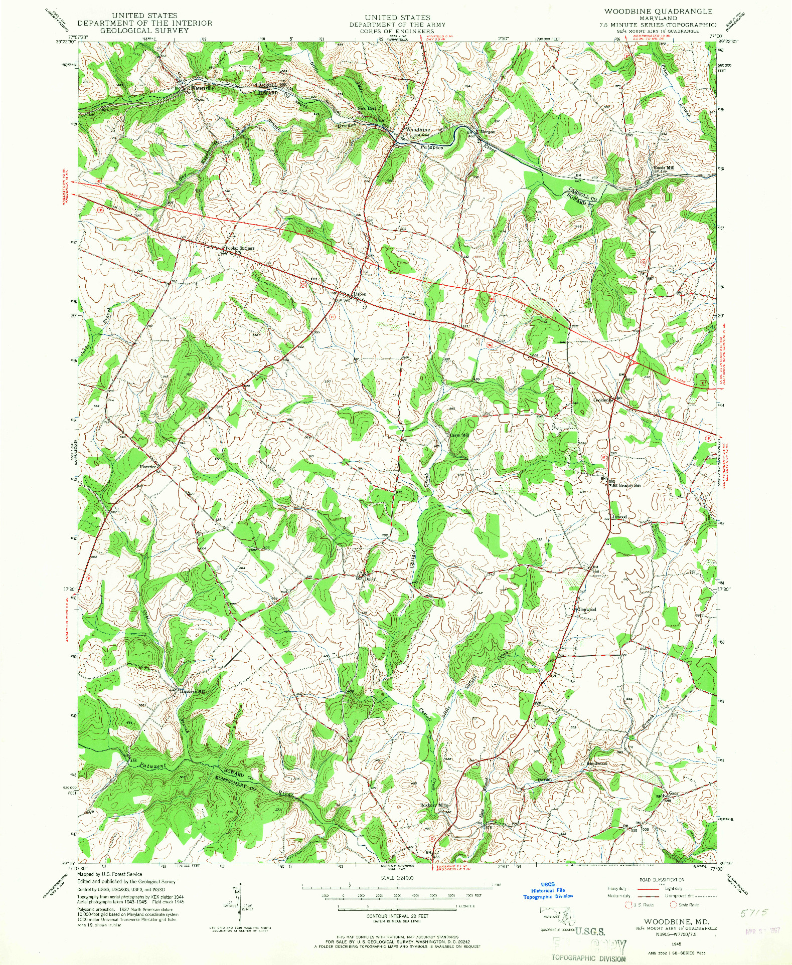 USGS 1:24000-SCALE QUADRANGLE FOR WOODBINE, MD 1945