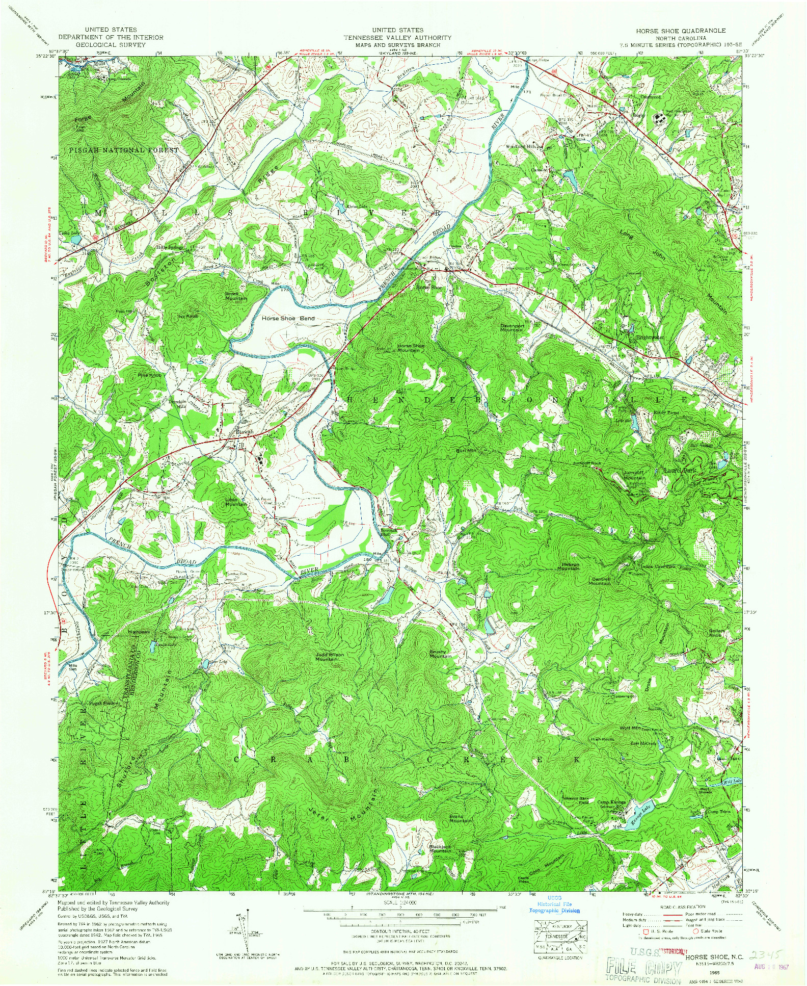 USGS 1:24000-SCALE QUADRANGLE FOR HORSE SHOE, NC 1965