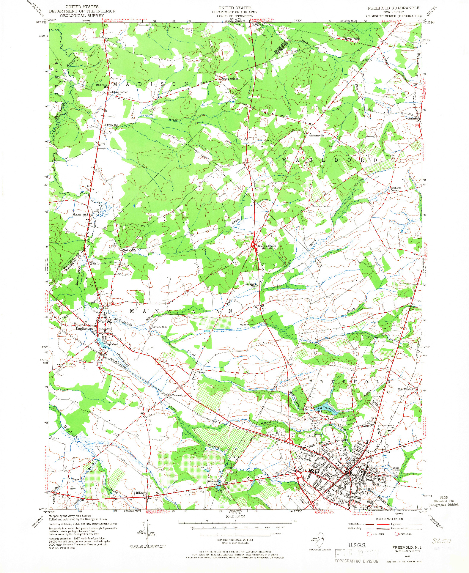 USGS 1:24000-SCALE QUADRANGLE FOR FREEHOLD, NJ 1953