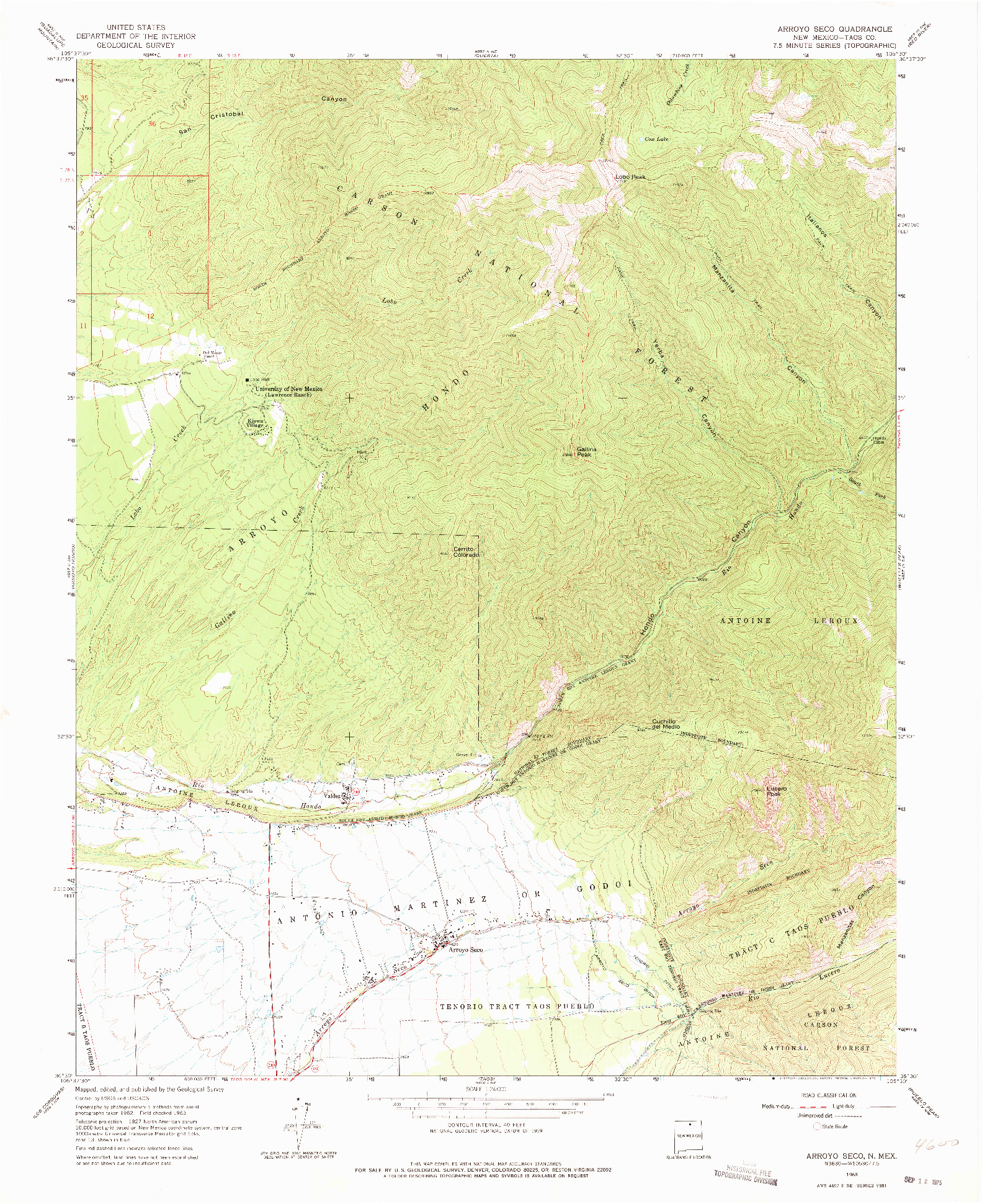 USGS 1:24000-SCALE QUADRANGLE FOR ARROYO SECO, NM 1963