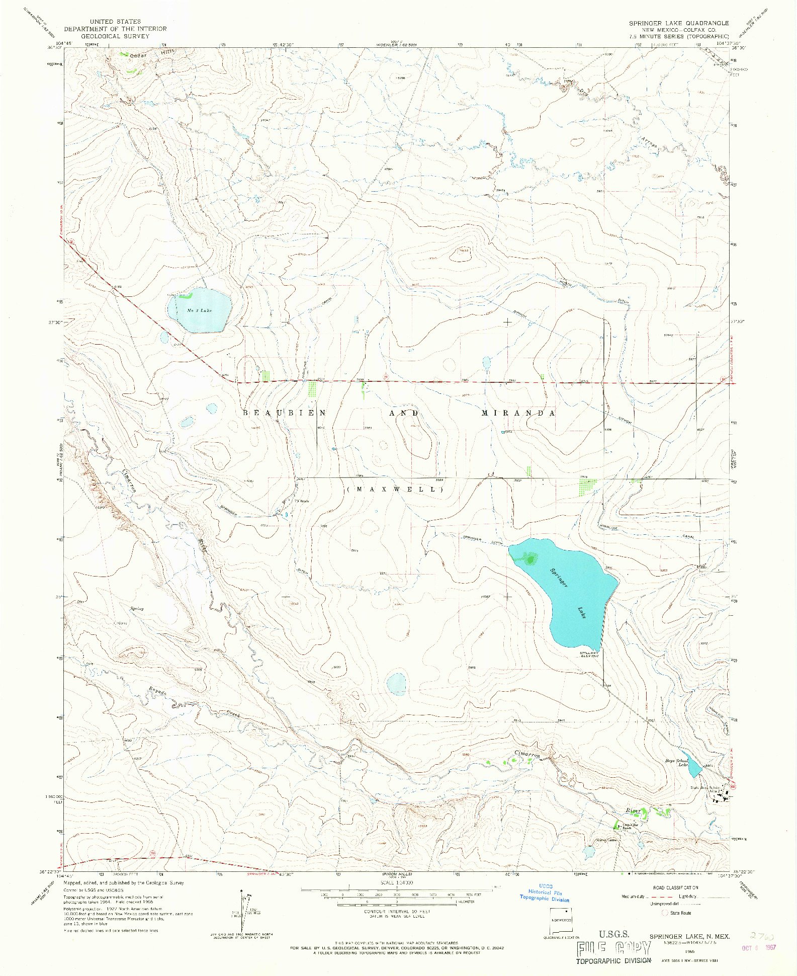 USGS 1:24000-SCALE QUADRANGLE FOR SPRINGER LAKE, NM 1965