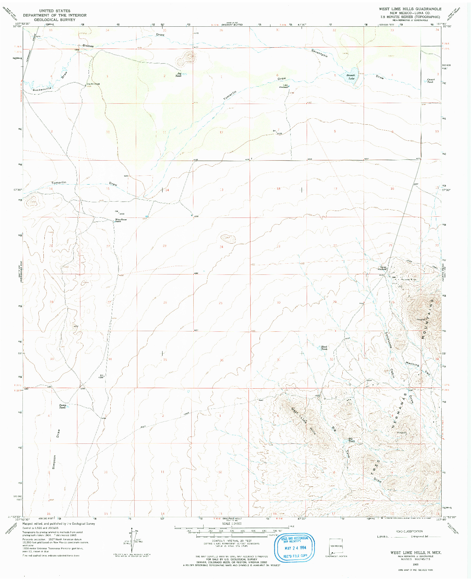 USGS 1:24000-SCALE QUADRANGLE FOR WEST LIME HILLS, NM 1965