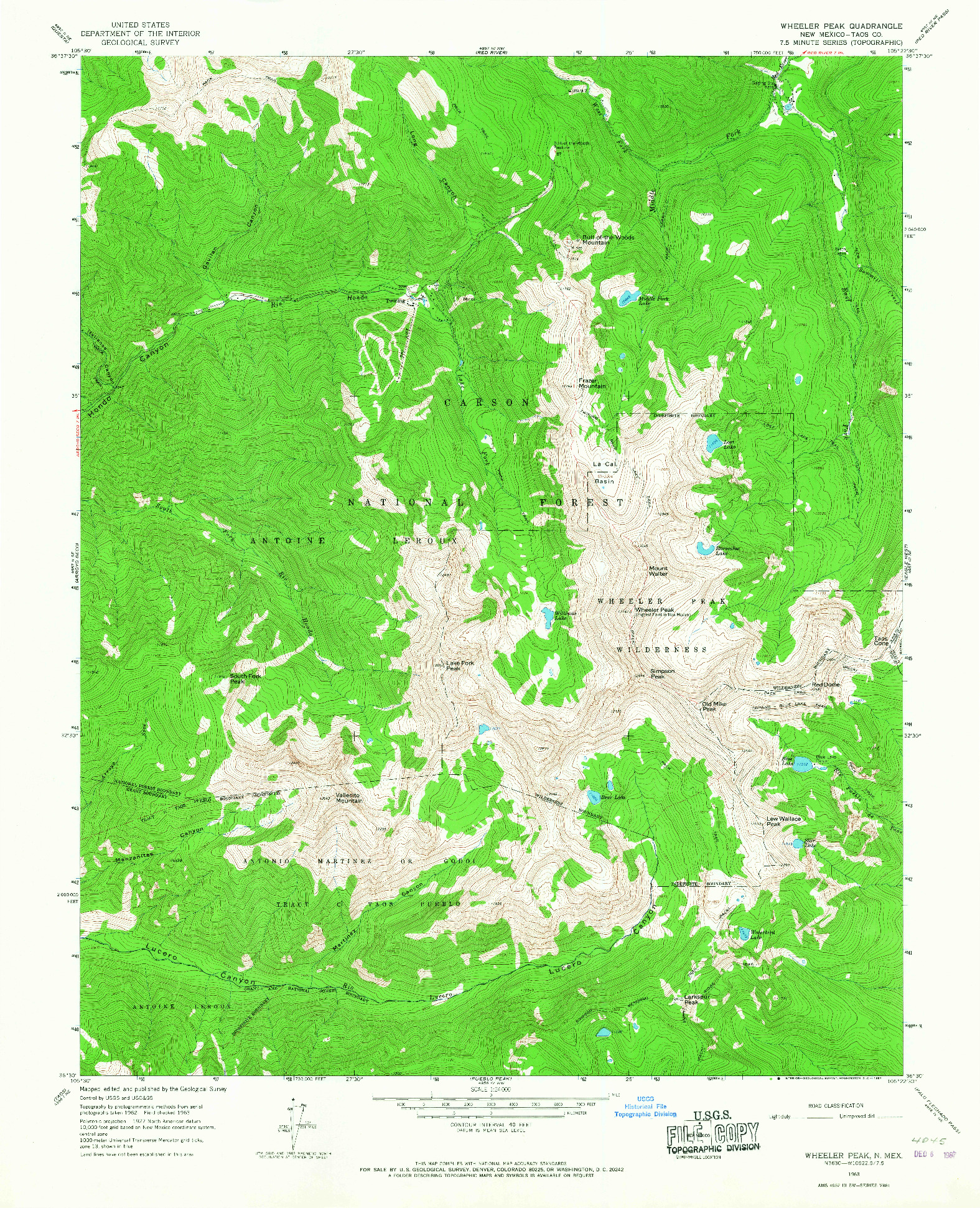 USGS 1:24000-SCALE QUADRANGLE FOR WHEELER PEAK, NM 1963